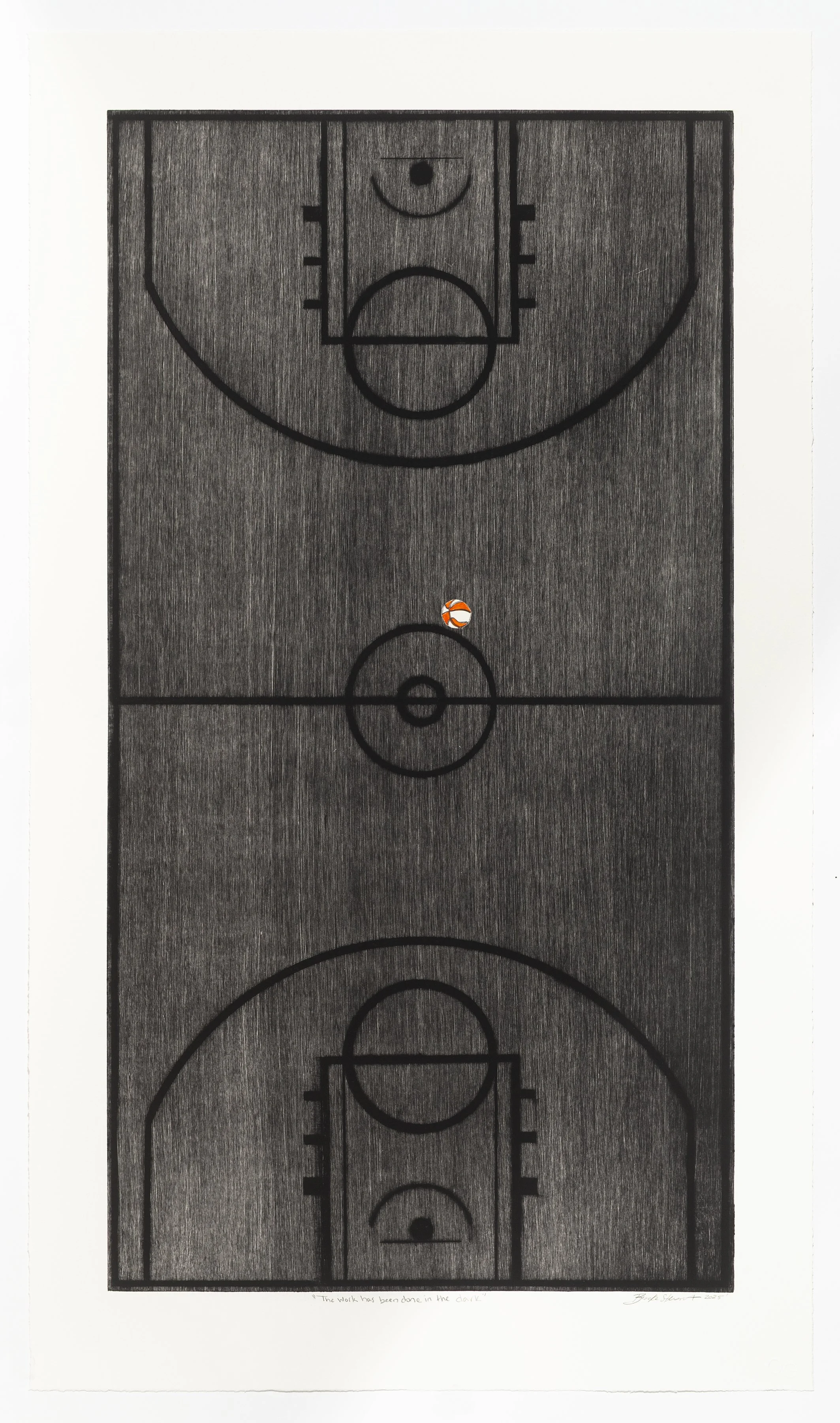 The work has been done in the dark, 2025, Drypoint and watercolor monotype on paper,  34.5 x 20 in
