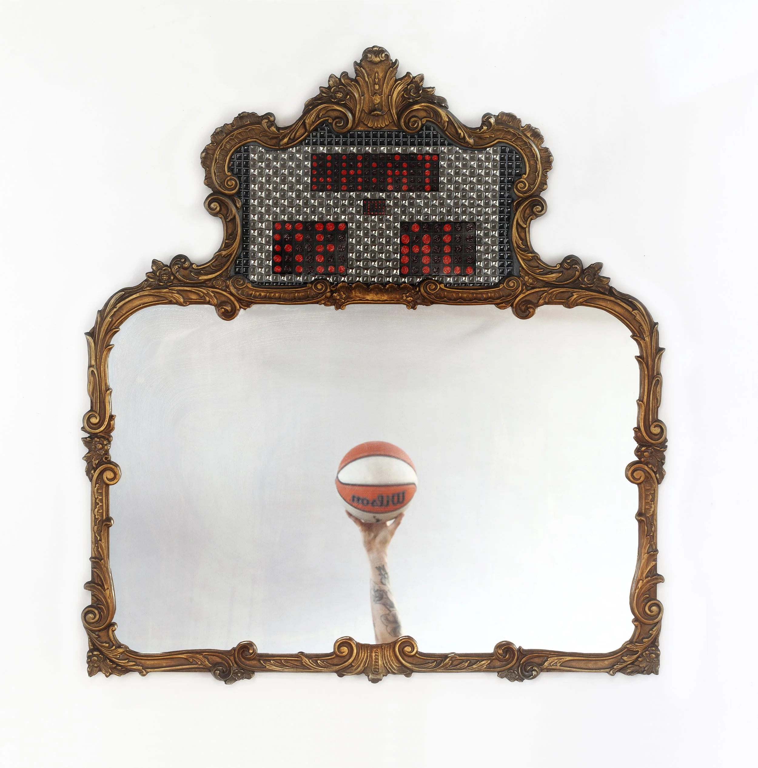 What Is Real, 2026, Mosaic, oil and flash on antique gilded mirror (Ball and hand for display and reflection purposes only)
42.5 x 38 in