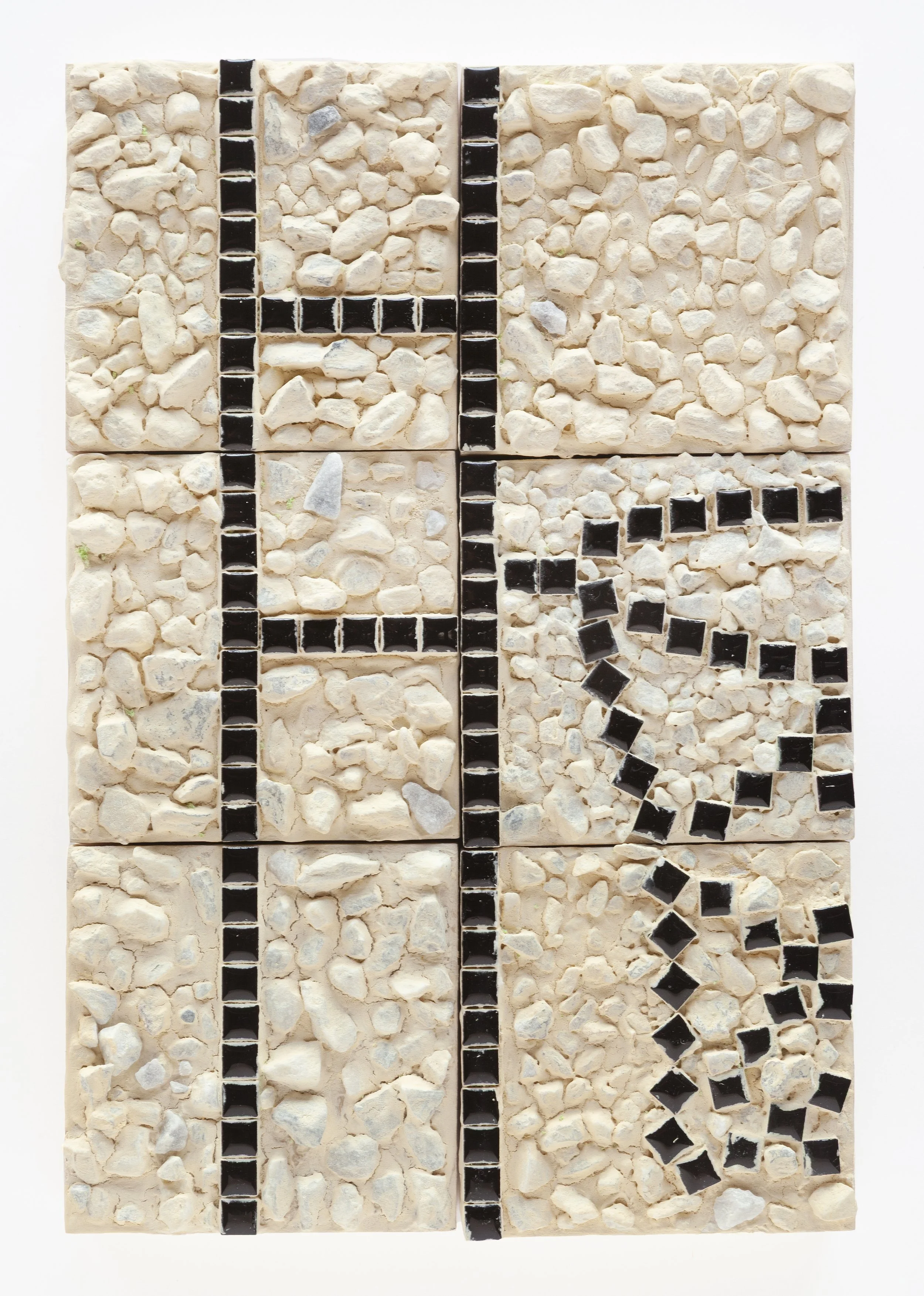 Mosaic Hoops Study, 2026, Meduim: Grout, ceramic tile, acrylic flash, marble, on module wood panels
5x5 inch module squares