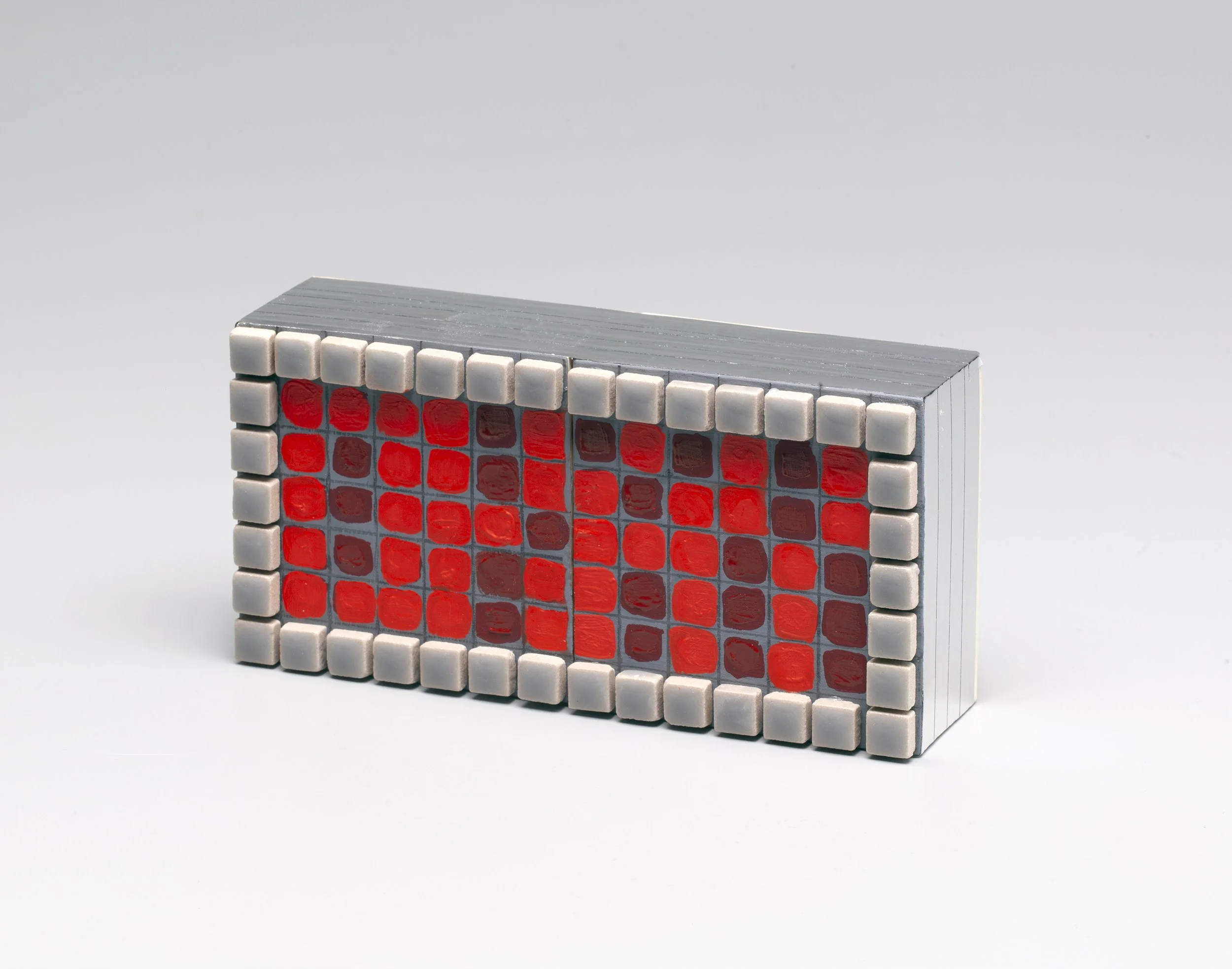 OKAY, 2026, Medium: Oil, acrylic flash paint, ceramic tile and reflective tape on wood panel 3x6x2 in
