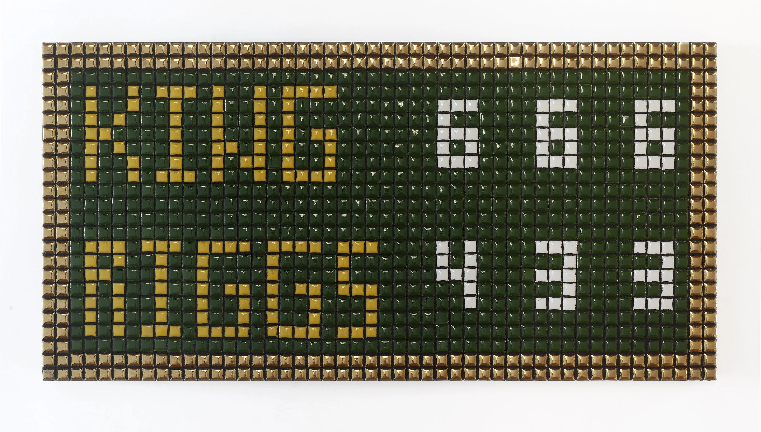 Battle of The Sexes Scoreboard, 2026,
Ceramic wood panel, grout, acrylic flash, 
24x12x2 in