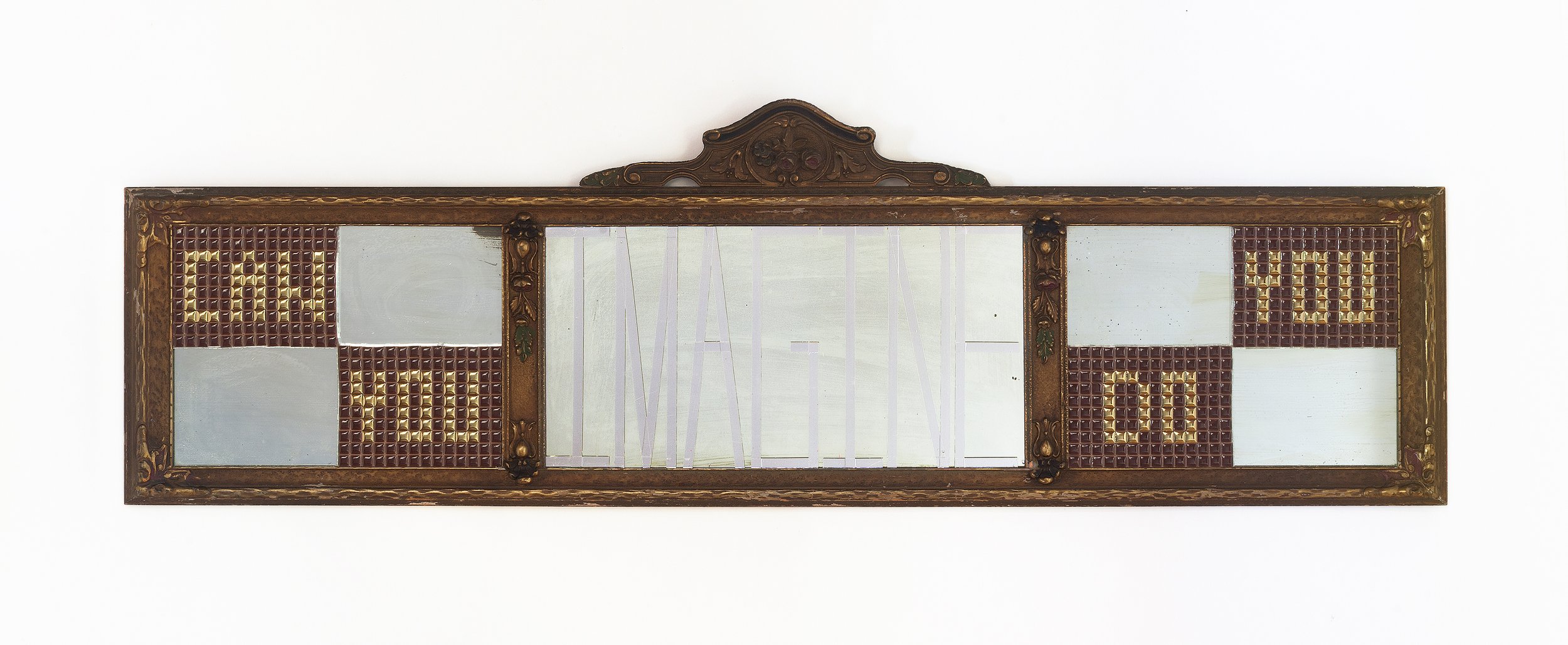 Can You Imagine?, 2026, Mosaic and reflective tape on antique gilded mirror, 16.25 x 53.75 in
