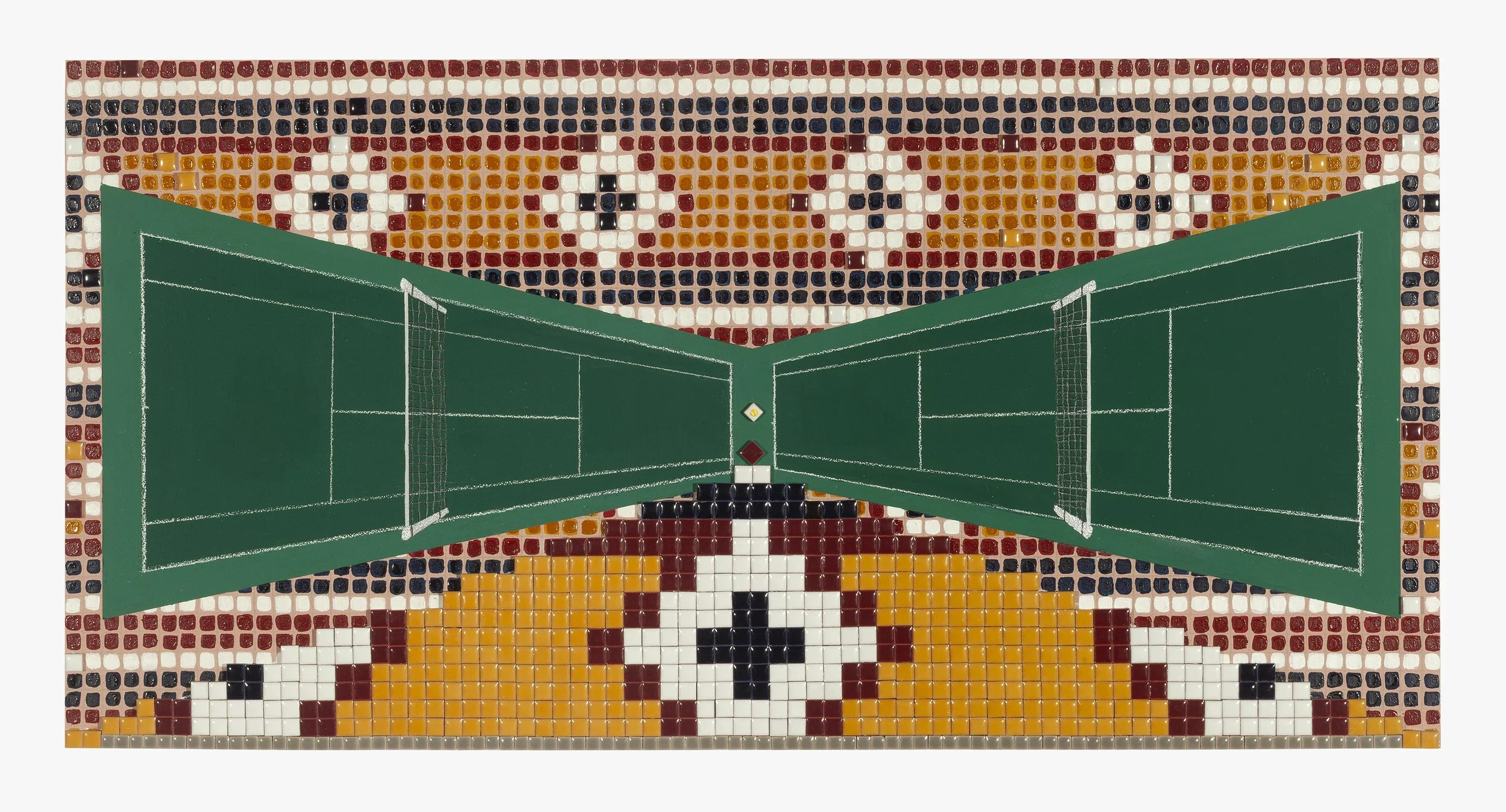 Study 5, 1966 Grand Central Tennis Courts, founded by Geza A. Gazdag, a Hungarian immigrant, 2025, Medium: Acrylic, Oil paint additives and ceramic on wood panel
18 x 36 x 1.75 in