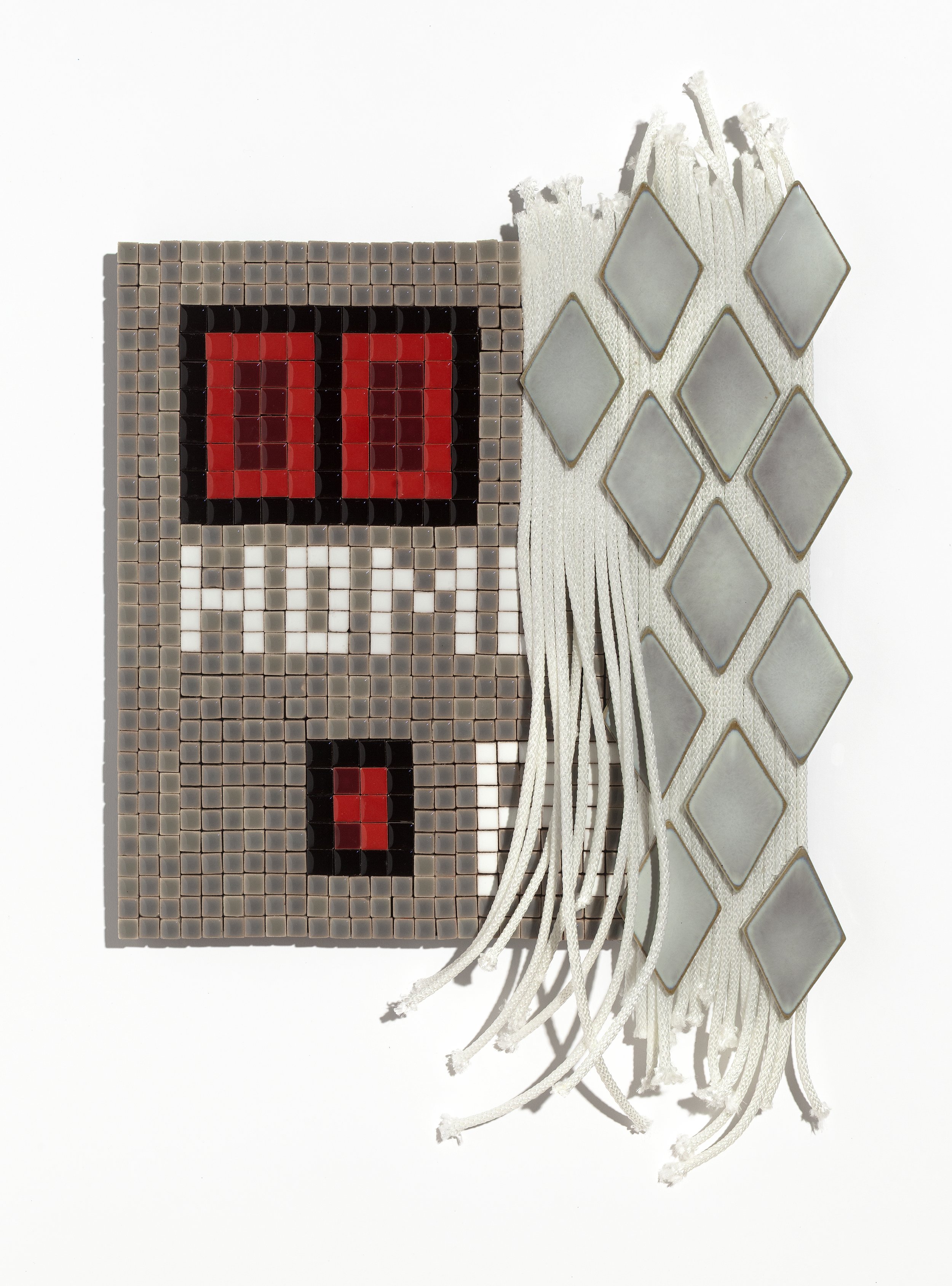 Untitled (Scoreboard), 2026, Medium: Ceramic tile, twine, acrylic flash on wood panel
12x12x1 in