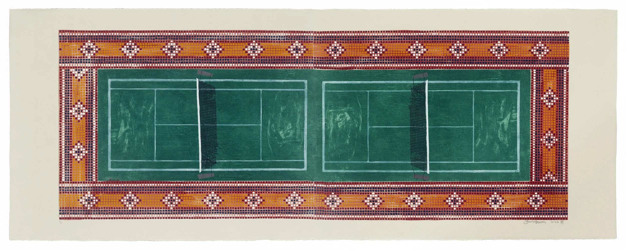 Study 10, 1966 Grand Central Tennis Courts, founded by Geza A. Gazdag, a Hungarian immigrant, 2026, Collagaph and acrylic painting on paper, 22.5 x 60 in

