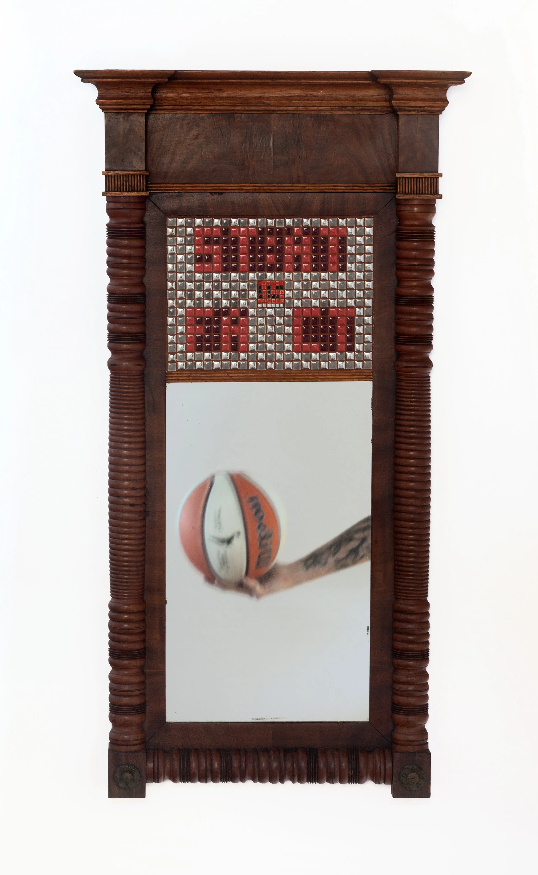 Stat is Fact, 2026, Mosaic and acrylic on antique mirror (Ball and hand for display and reflection purposes only),  40x21 in