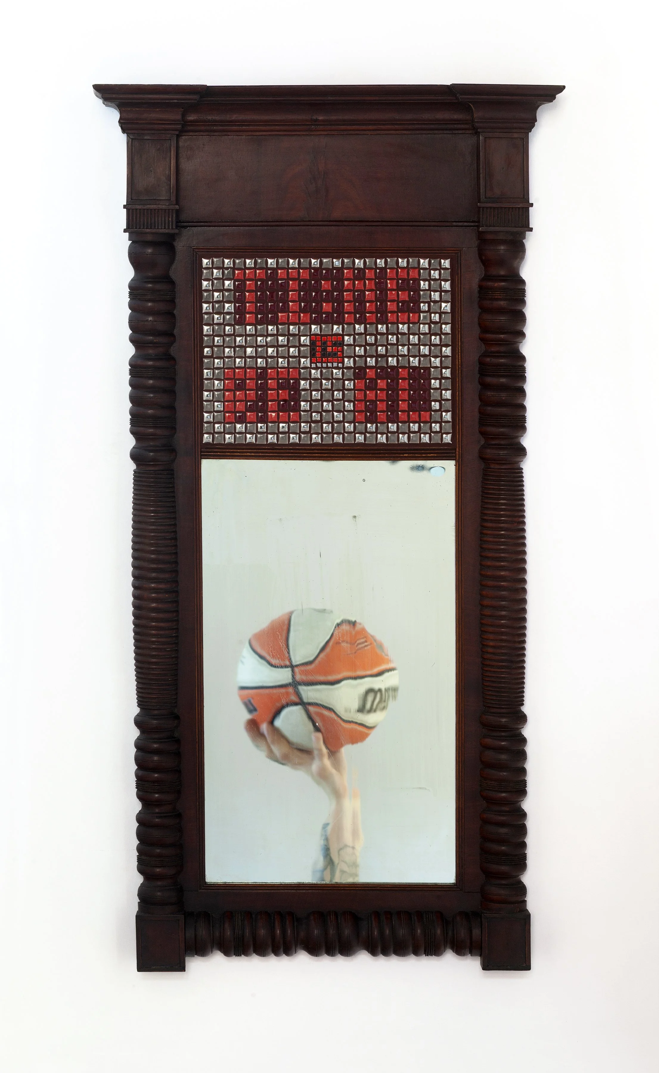 Time is Real, 2026, Mosaic and acrylic on antique mirror (Ball and hand for display and reflection purposes only),  40x21 in