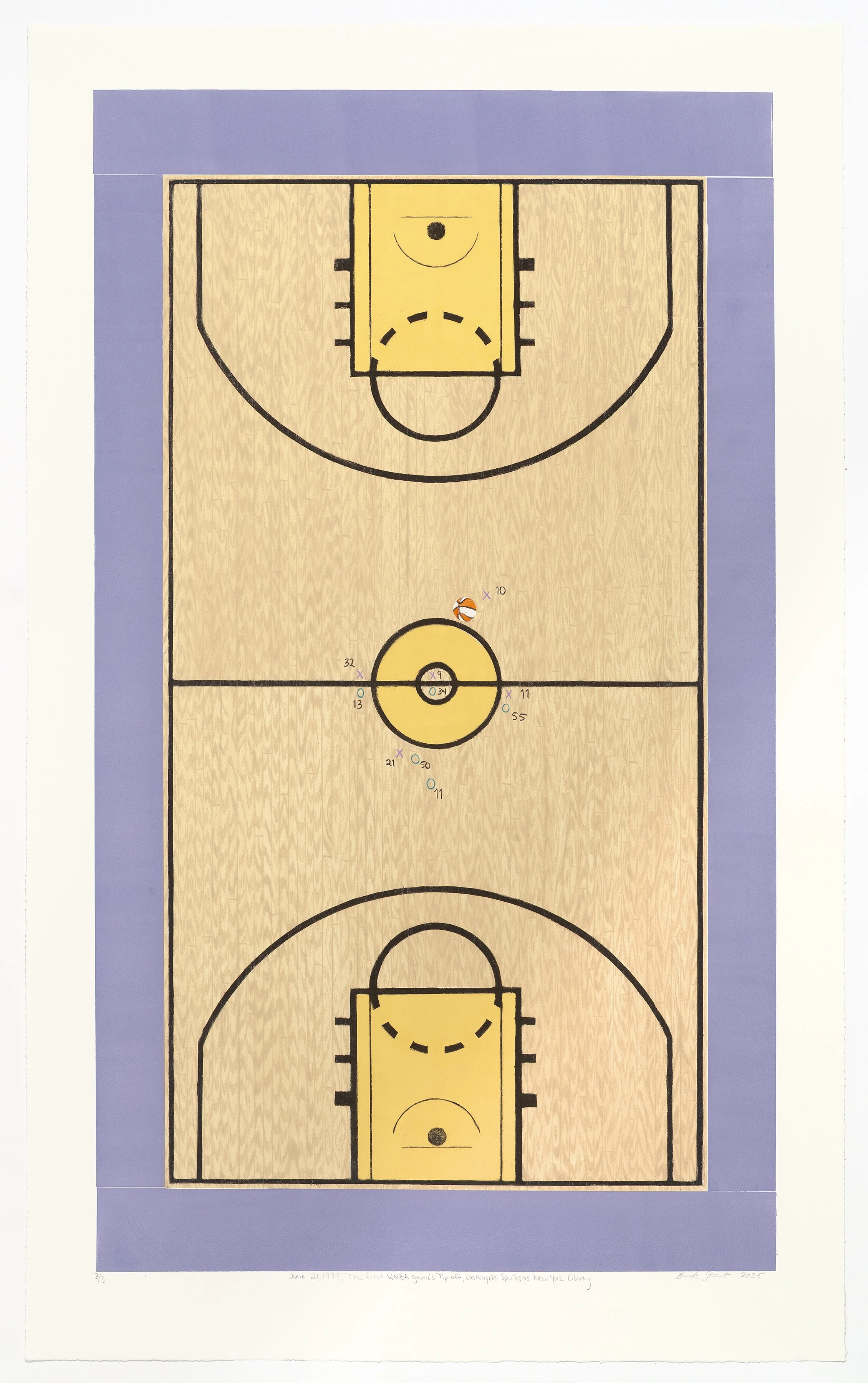 June 21, 1997, The first WNBA game’s tip off, Los Angeles Sparks vs. New York Liberty
Drypoint, watercolor monotype, collagraph and hand coloring
34.5 x 20 in (87.63 x 50.8 cm)
Paper size: 39.5 x 24 in (100.33 x 60.96 cm)
