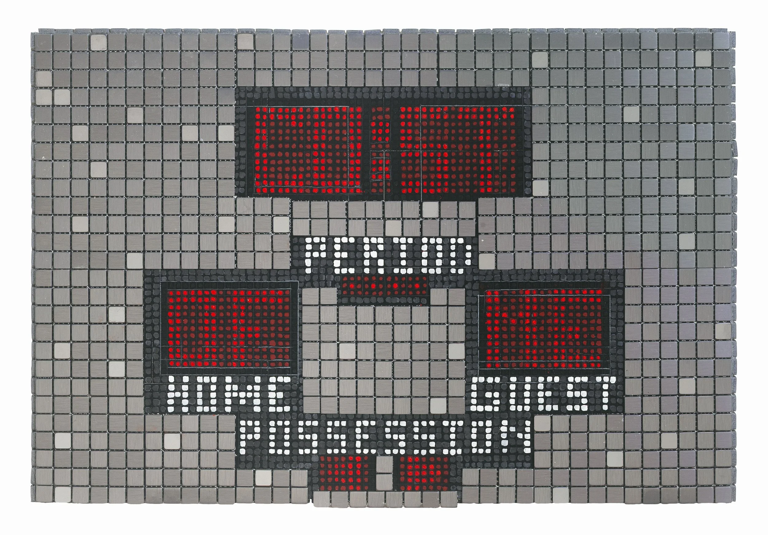 The Cost of Me, 2026, Medium: Reflective tile, acrylic flash, oil on wood panel
16.25 x 24.5 x 1.5 in
