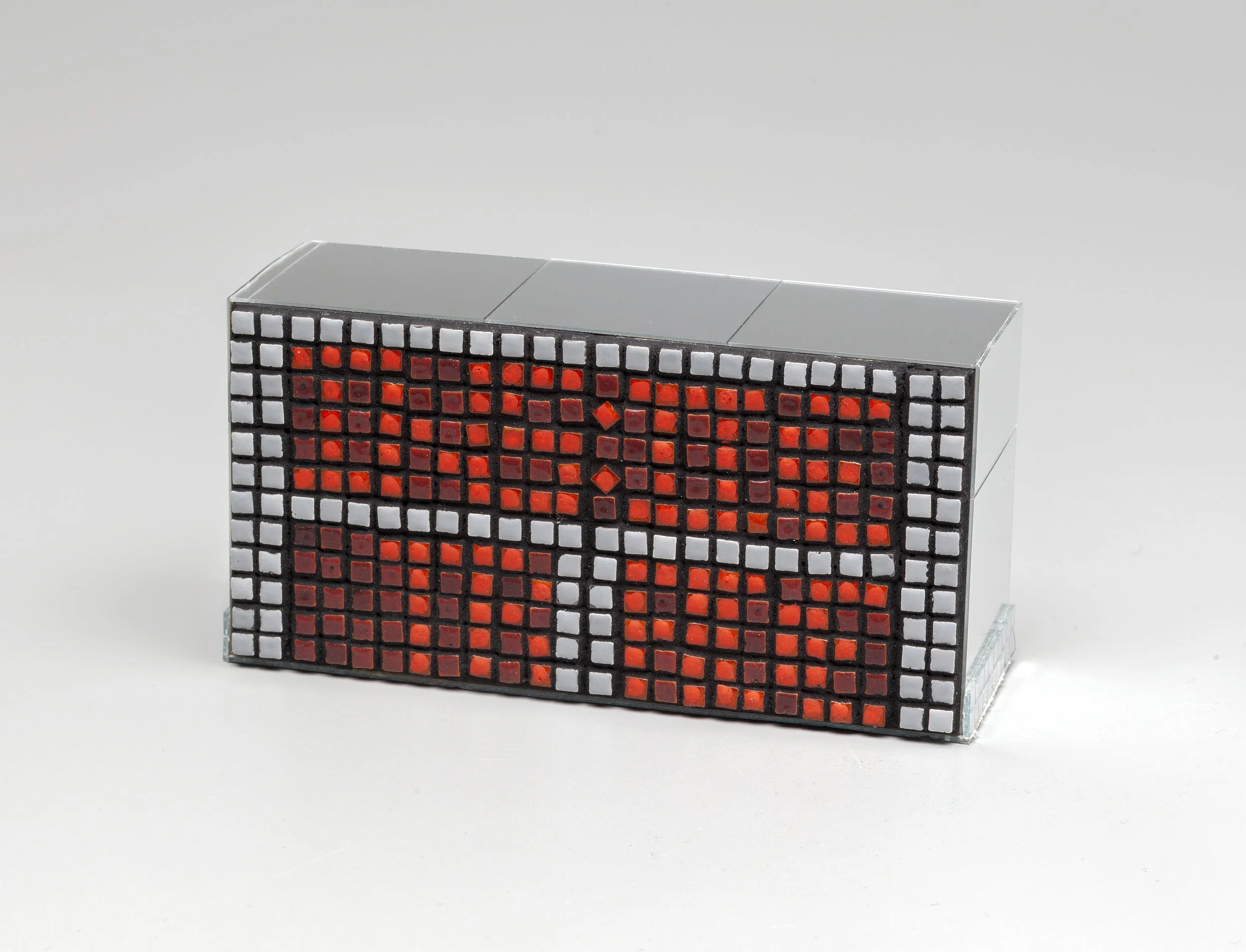Inside Trade, 2026, Medium: Ceramic tile, flash paint, and mirrors on wood panel
3x6x2 in