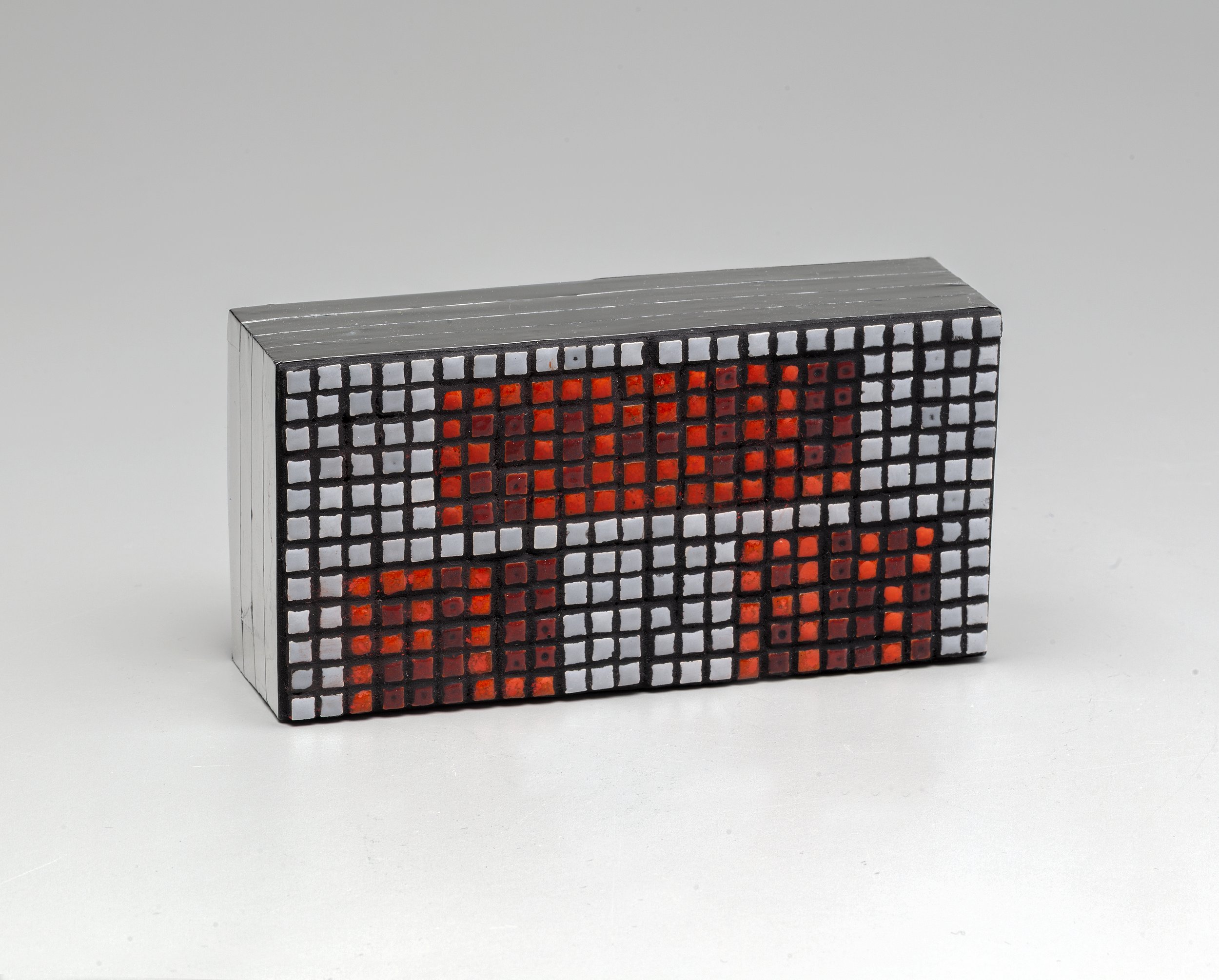 Foul Play, 2026, Medium: Ceramic tile, flash paint, mirrors, and reflective tape on wood panel
3x6x2 in