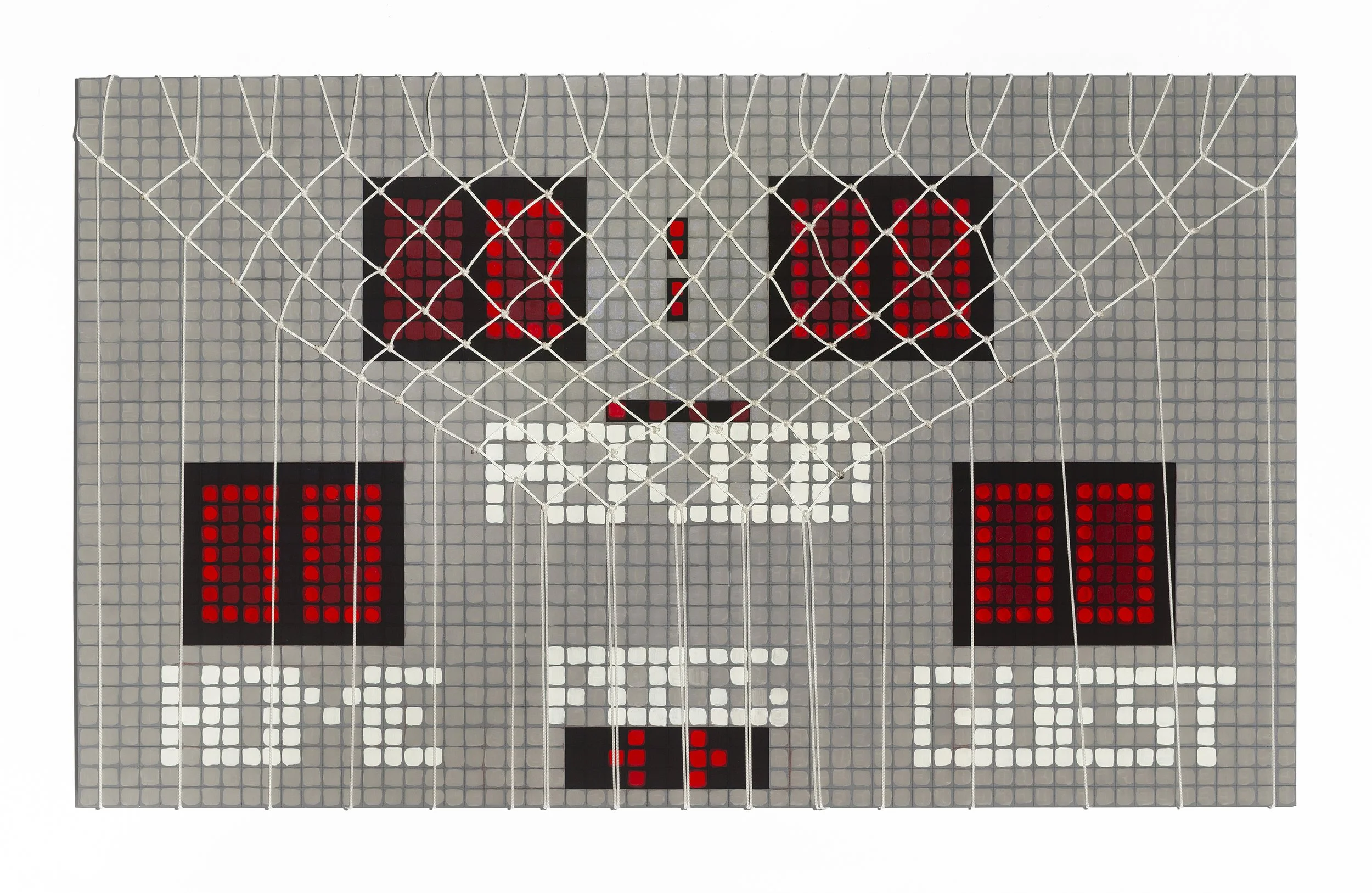 Score Board 0:00, 2026, Acrylic flash, oil, weaving, graphite on wood panel, 36x60x2 in
