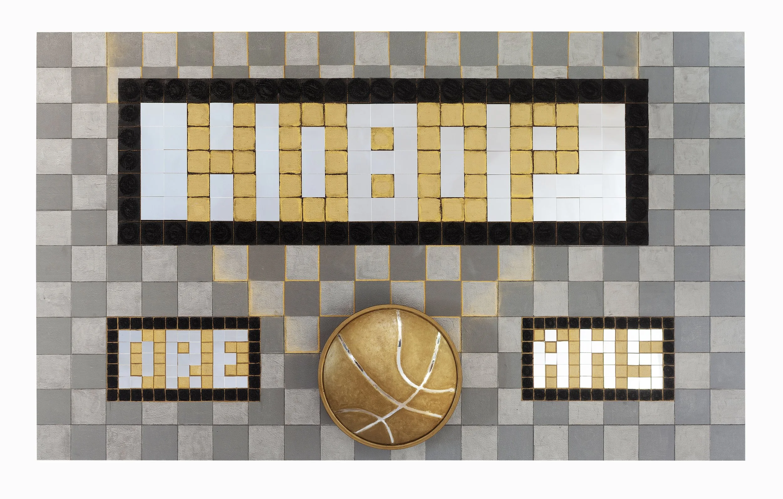 Hoop Dreams, 2026, Oil, acrylic, graphite, pastel, and mirrors on wood panel, 36x60x6 in