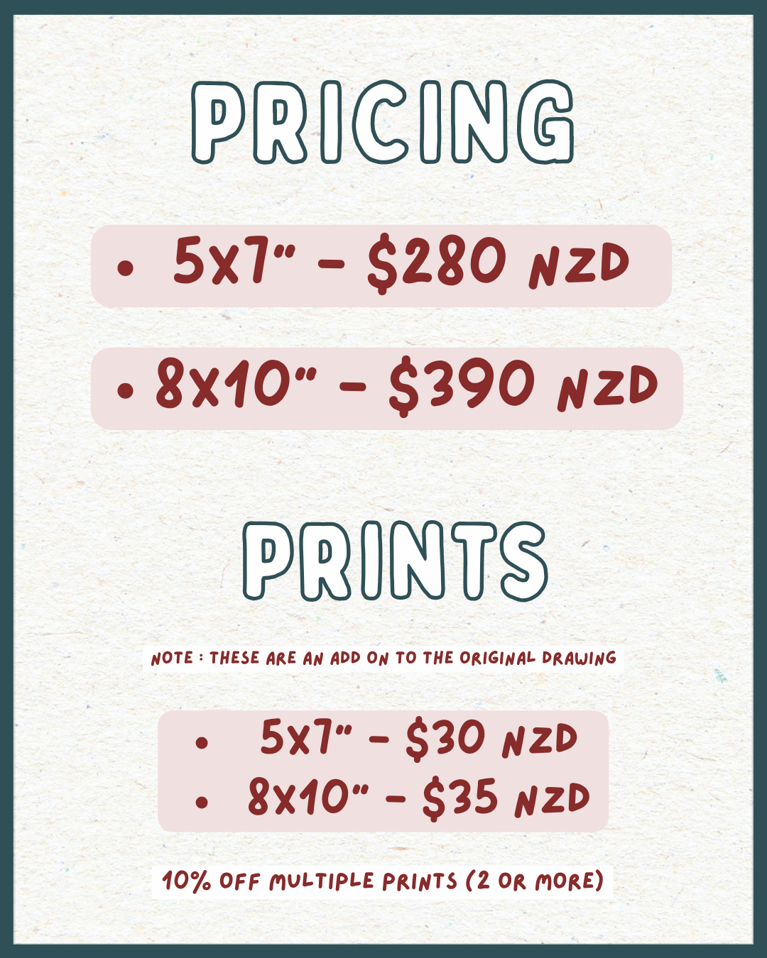Pricing and print details for artworks. Sizes and prices listed for prints starting at 5x7 inches and 8x10 inches. Additional prices for printed versions are also shown, with discounts for multiple prints.