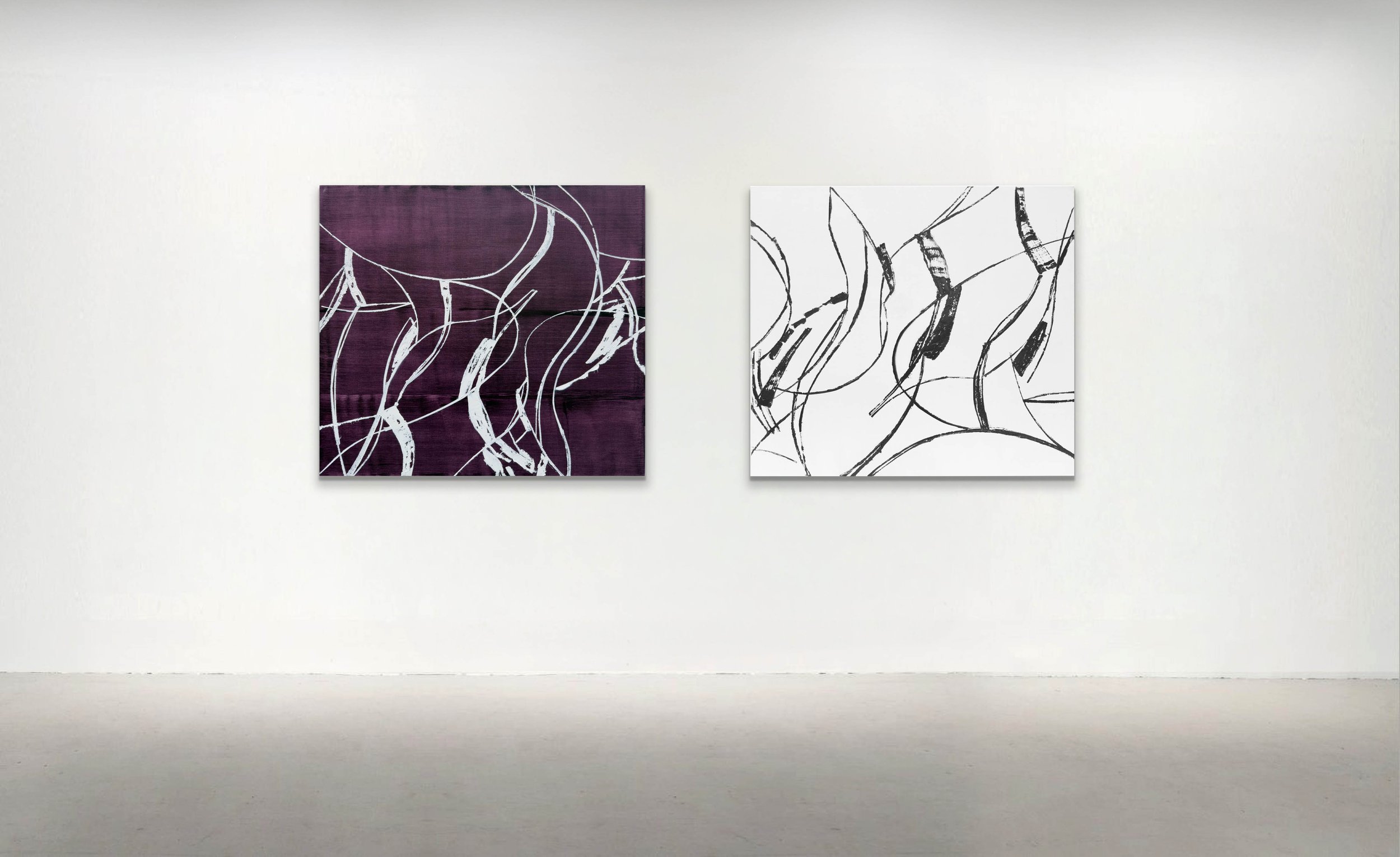BETWEEN THE LINES VIOLET 1 and BETWEEN THE LINES GREY OVER WHITE 2, 2026. Oil on  linen, 37 x 41 inches (98 x 104cm)