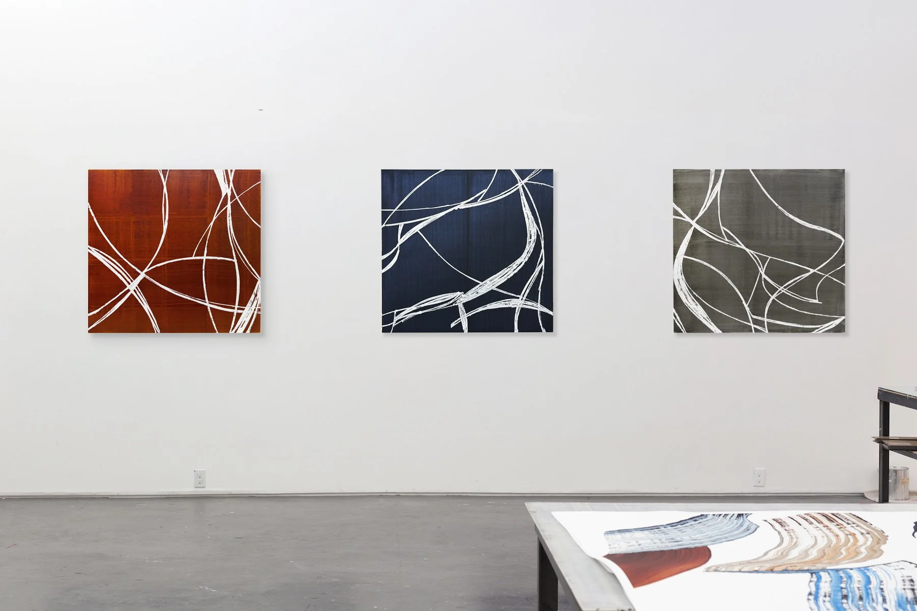 Installation view of Between the Lines series, artist’s studio, Santa Fe, NM, 2025.