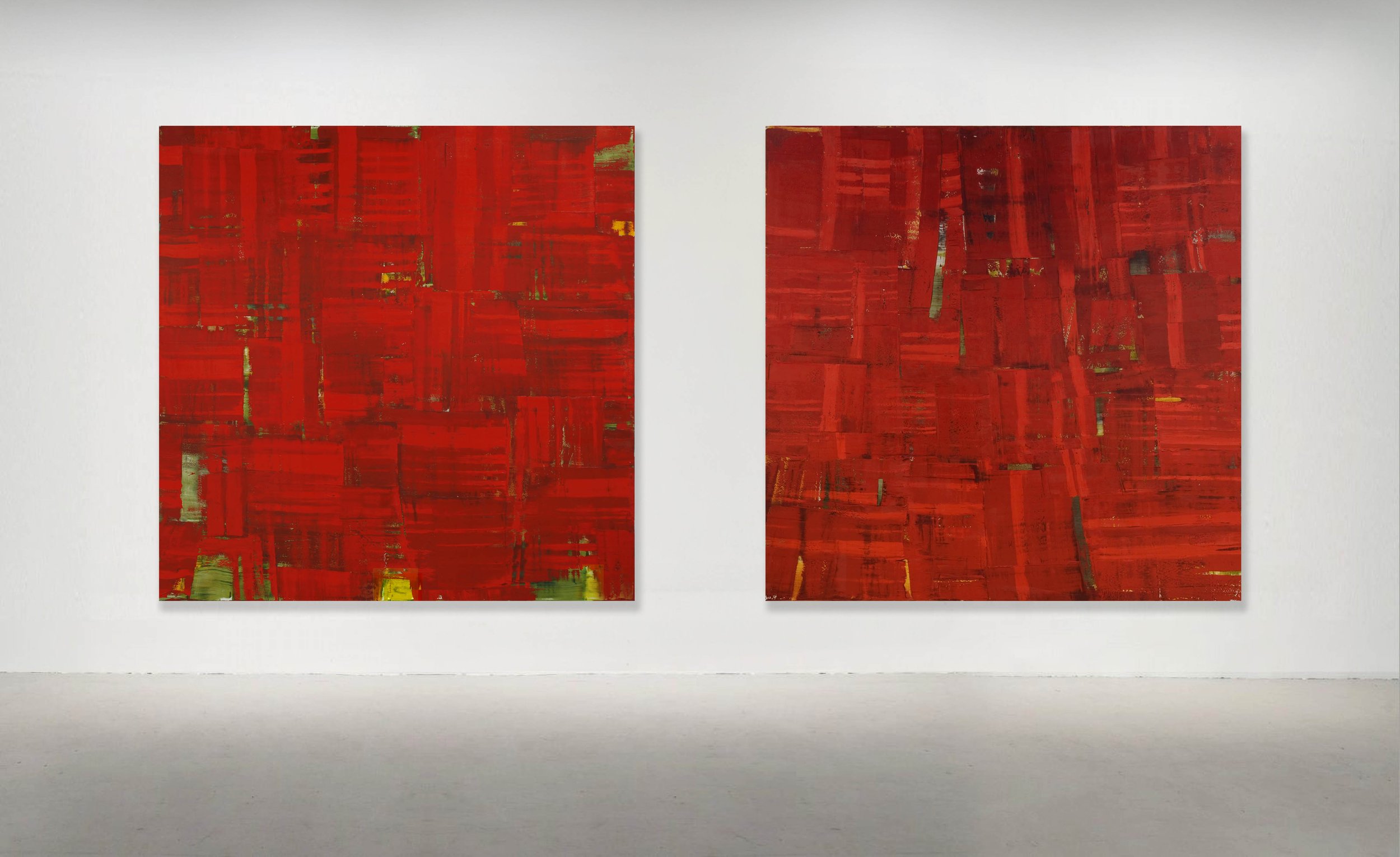 ROJO MALAQUITA NO. 10 and NO. 2, 2006. Oil on Linen 98.5 x 98.5 inches (250 X 250 cm). PRIVATE COLLECTIONS, MEXICO CITY.

