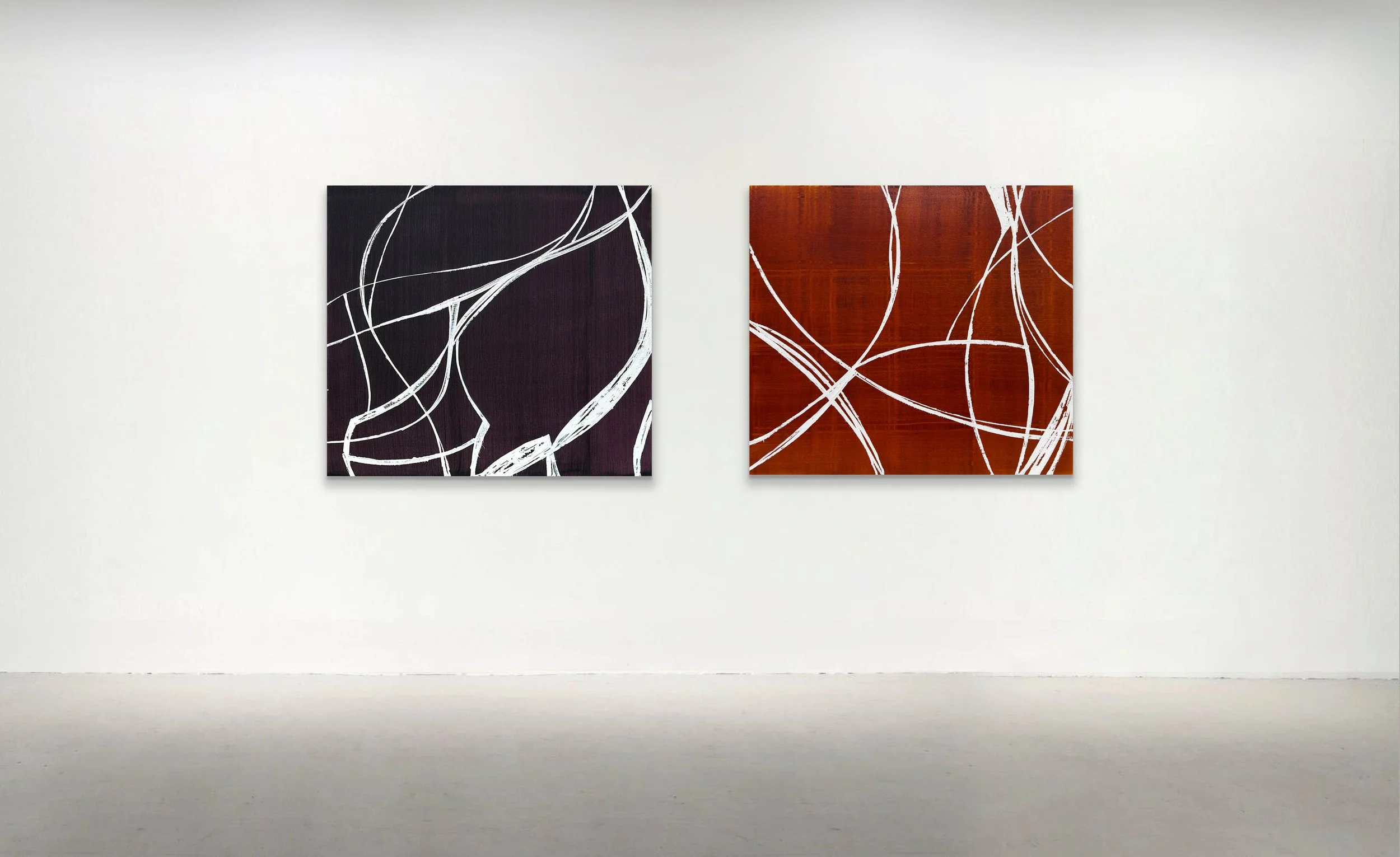 BETWEEN THE LINES WHITE OVER VIOLET 2 and BETWEEN THE LINES WHITE OVER RED 1, 2026. Oil on  linen, 37 x 41 inches (98 x 104cm)