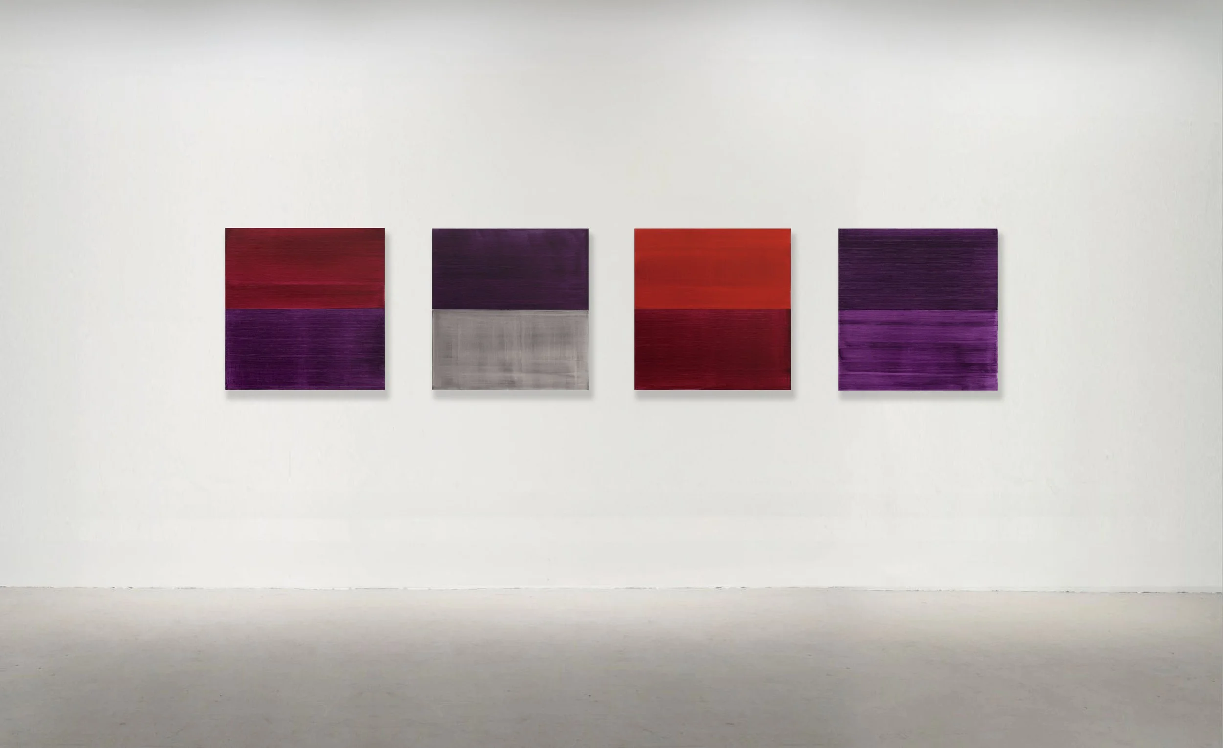 SPLIT VIOLET BLUE 5, SPLIT RED, VIOLET BLUE AND GREY 2, VIOLET RED & VIOLET 3 2017. Oil on linen 27 x 26 inches (68.5 x 66 cm). PRIVATE COLLECTION, MEXICO CITY.
