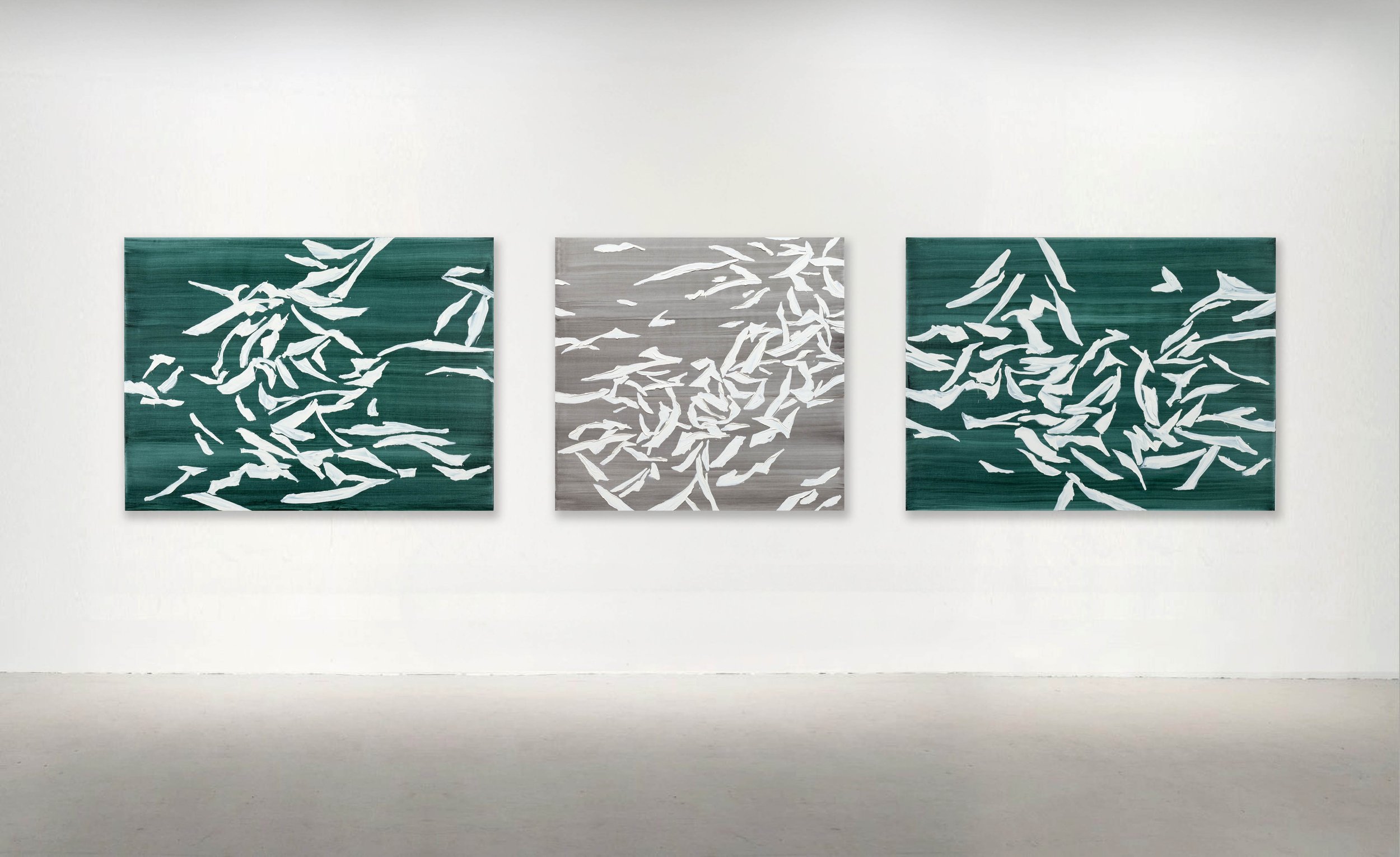 BA ZASA GREEN 1, BA ZASA GREY 2, BA ZASA GREEN 2, 2023. Oil on linen, 37 x 50 inches (94 x 127 cm); 48 x 50 inches (122 x 127 cm). 