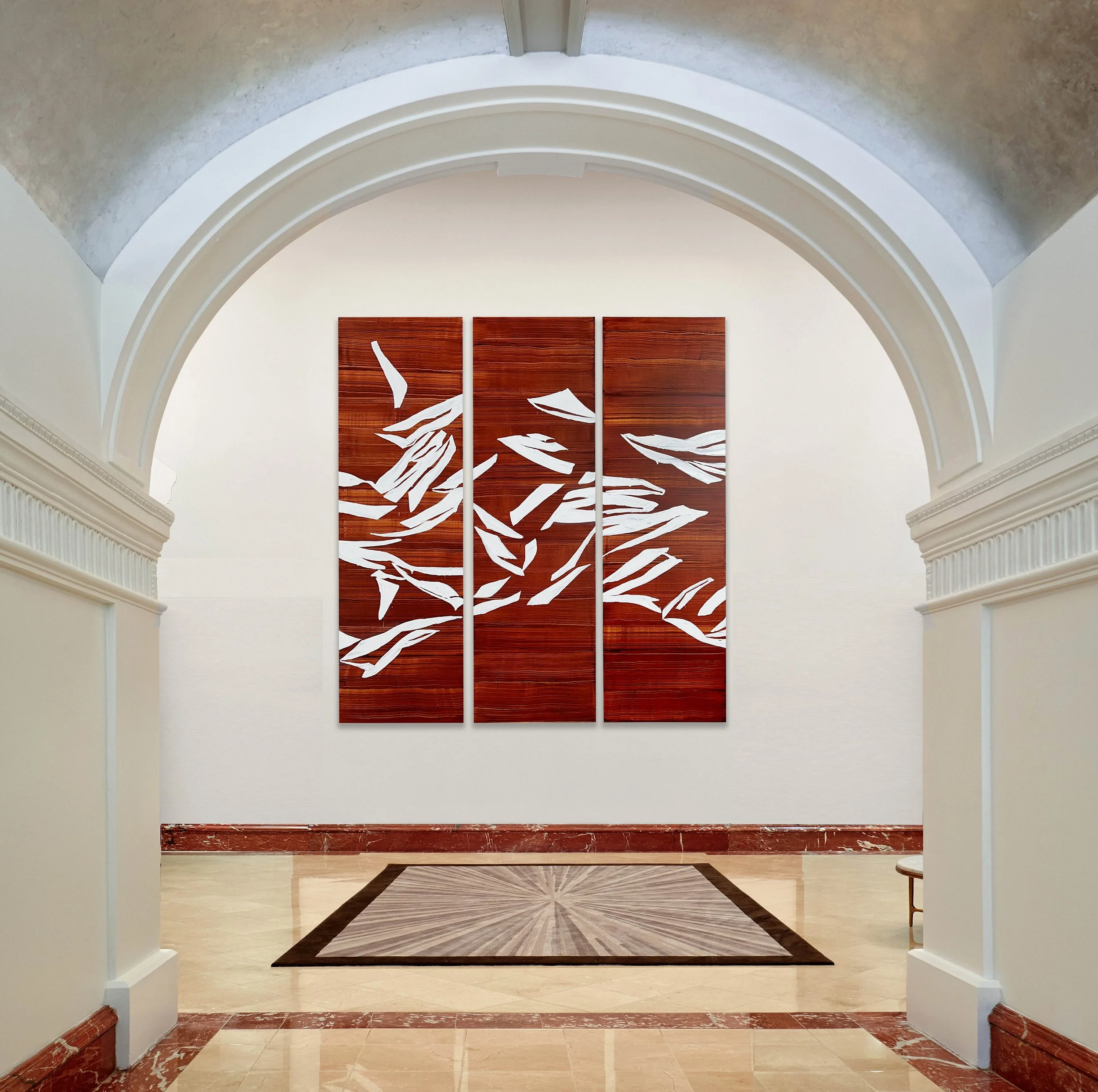 Installation View of BA ZASA RED LAKE 4 (Triptych), 2024. Commission for Peninsula Hotel Lobby, New York. 