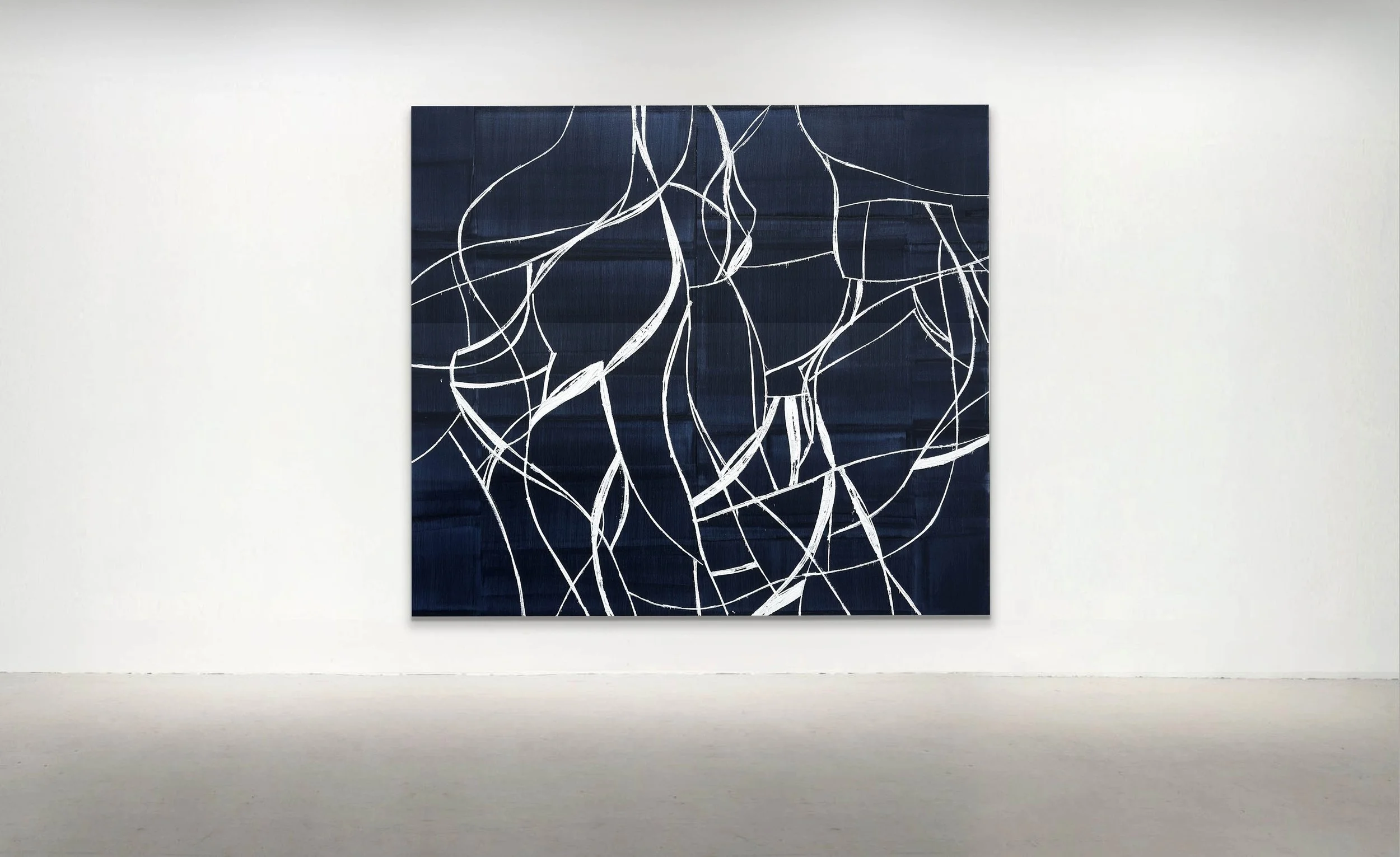 BETWEEN THE LINES WHITE OVER PAYNES GREY 2, 2026. Oil on Linen, 78.5 x 90.5 inches (200 x 230cm)