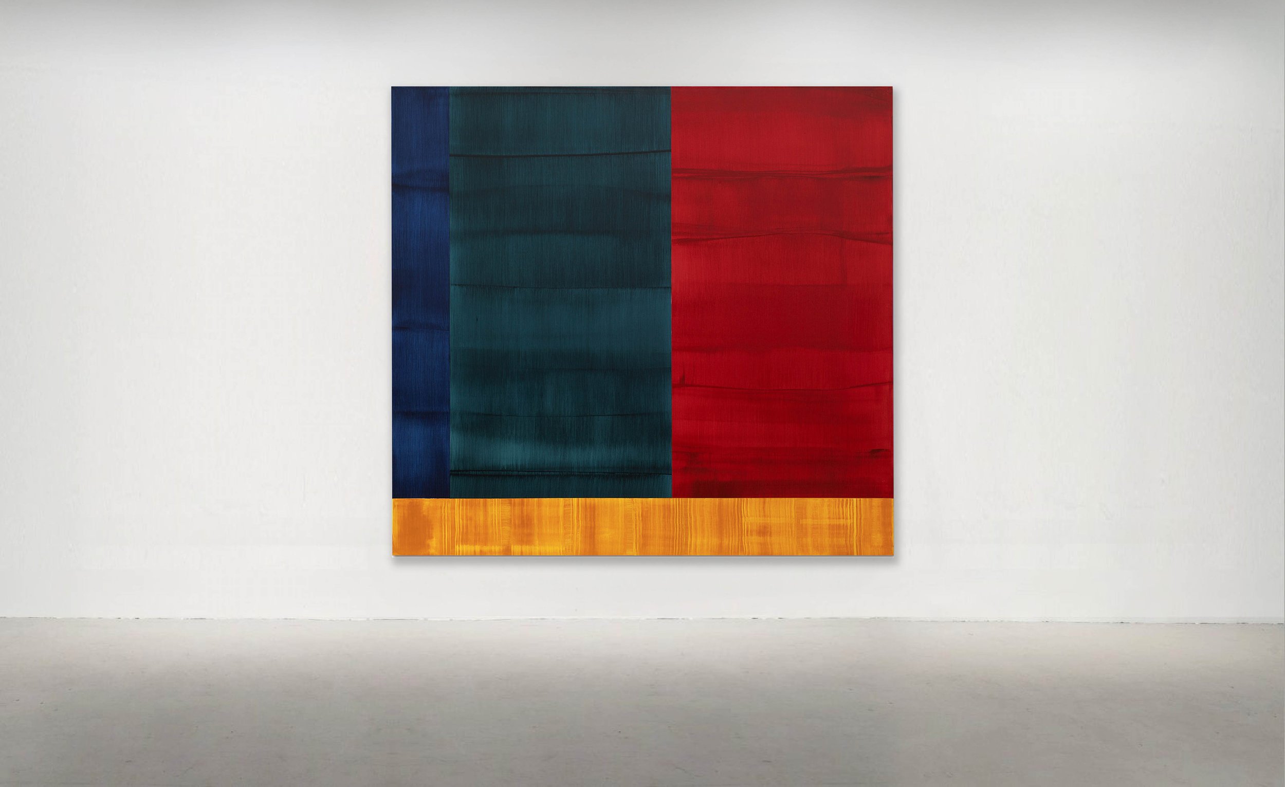 BHUTAN ABSTRACTION WITH RED 1, 2014. Oil on Linen 71 x 73 inches (180 x 185.5 cm). 