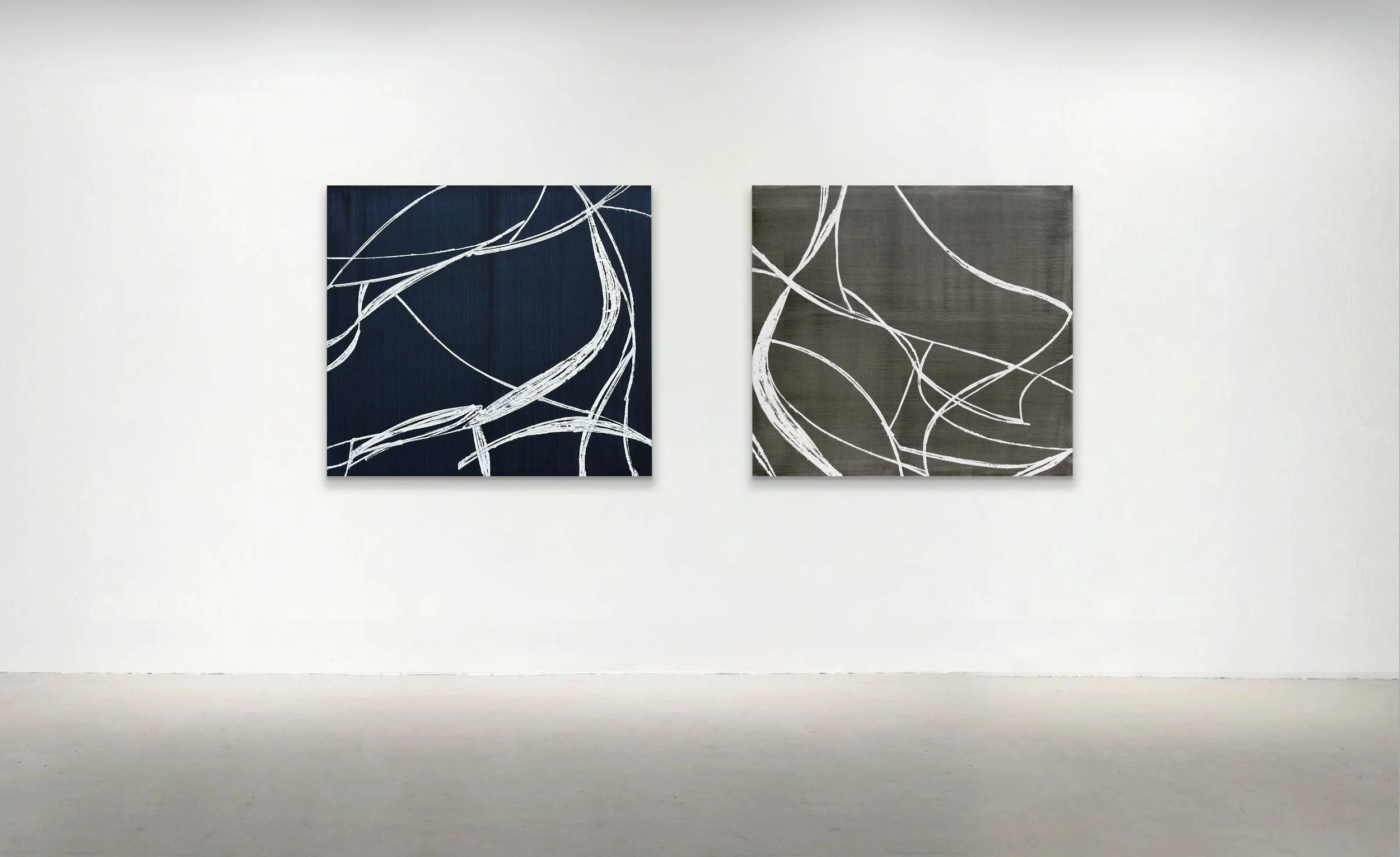 BETWEEN THE LINES WHITE OVER PAYNES GREY 3 and BETWEEN THE LINES WHITE OVER GREY 1, 2026. Oil on  linen, 37 x 41 inches (98 x 104cm)