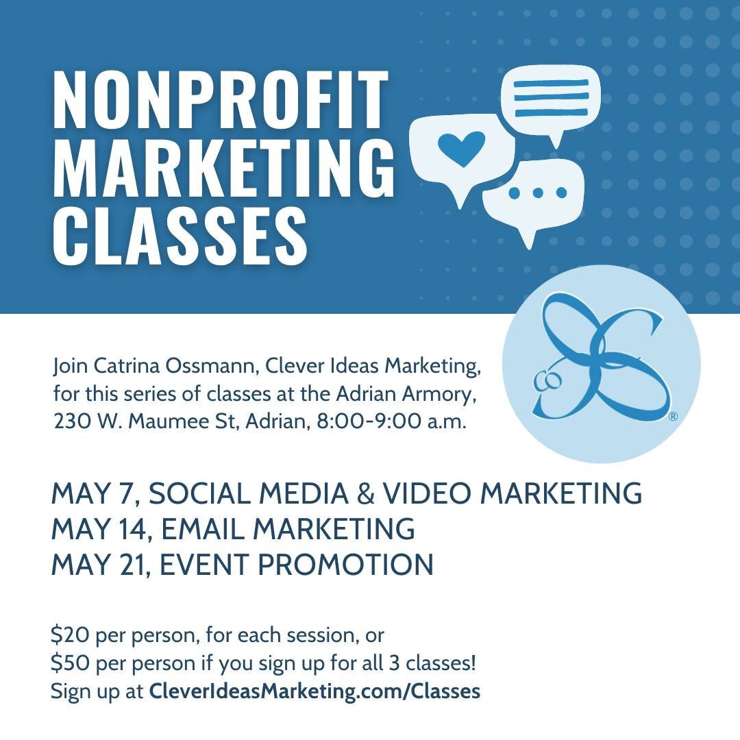 Local nonprofit leaders 📣

Looking for new ideas and best practices for promoting your organization? 

Join me for these sessions in May! Sign up online (link in bio).

#AdrianMI #LenaweeCounty #NonprofitMarketingMadeSimple