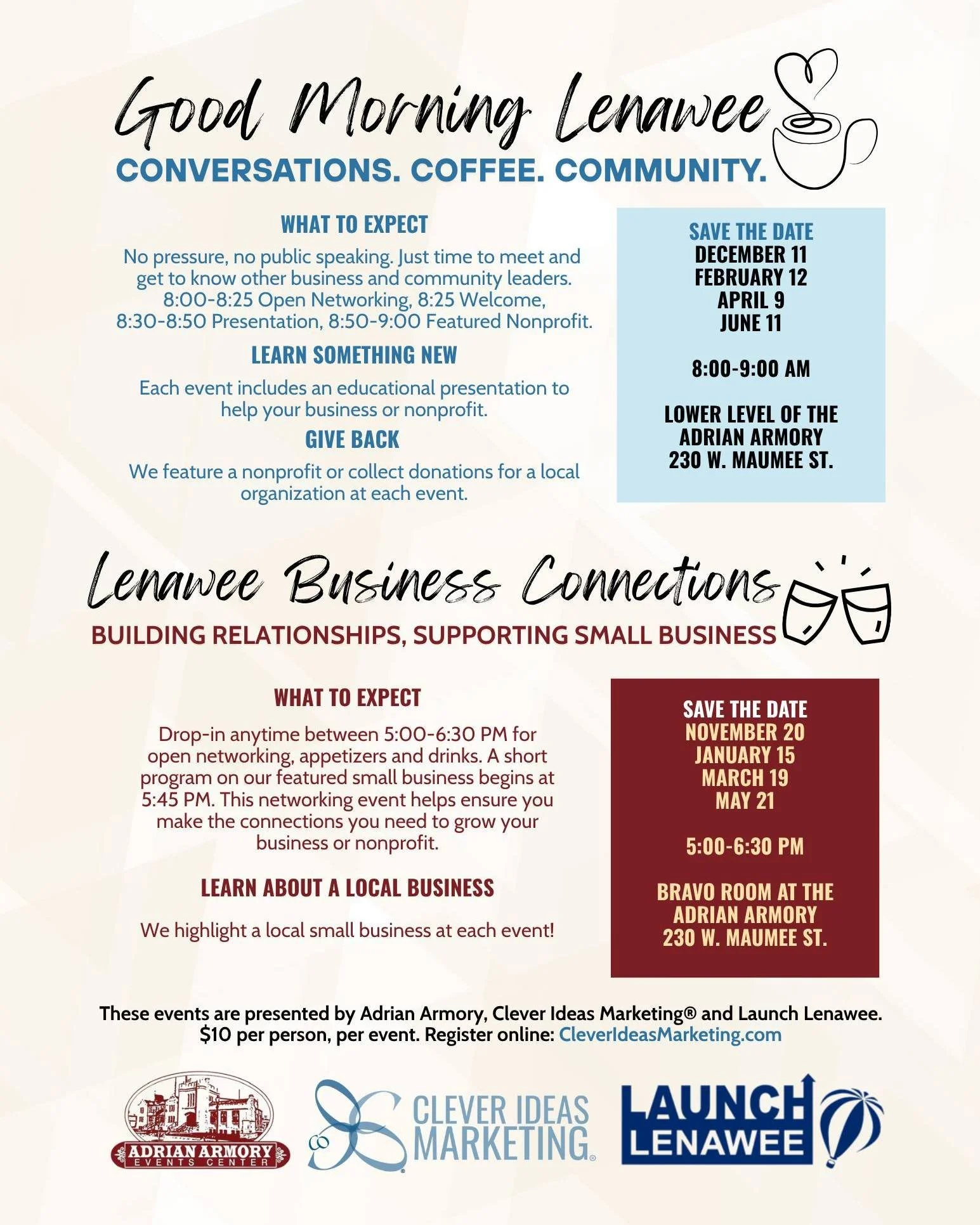 Would you like to grow your network, learn something new and give back?

Save the date for these upcoming networking events at the @adrianarmory! 

Registration is now open for Lenawee Business Connections on November 20 and Good Morning Lenawee on D