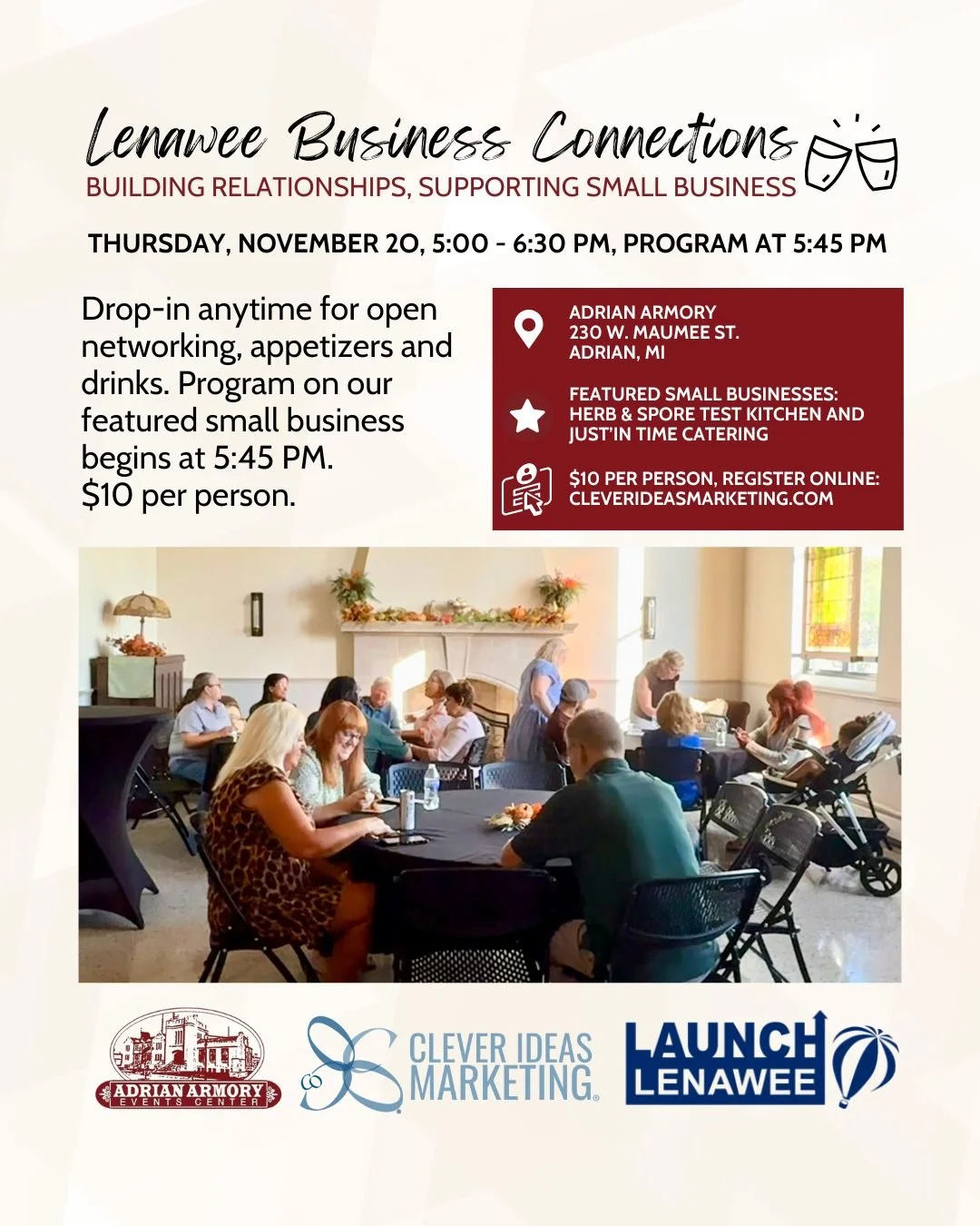 Join us next week at the @adrianarmory 

🙂 Networking
🥂 Appetizers and drinks
🎤 Program featuring @herbandspore and @justintimecateringservicesllc 

Register online!