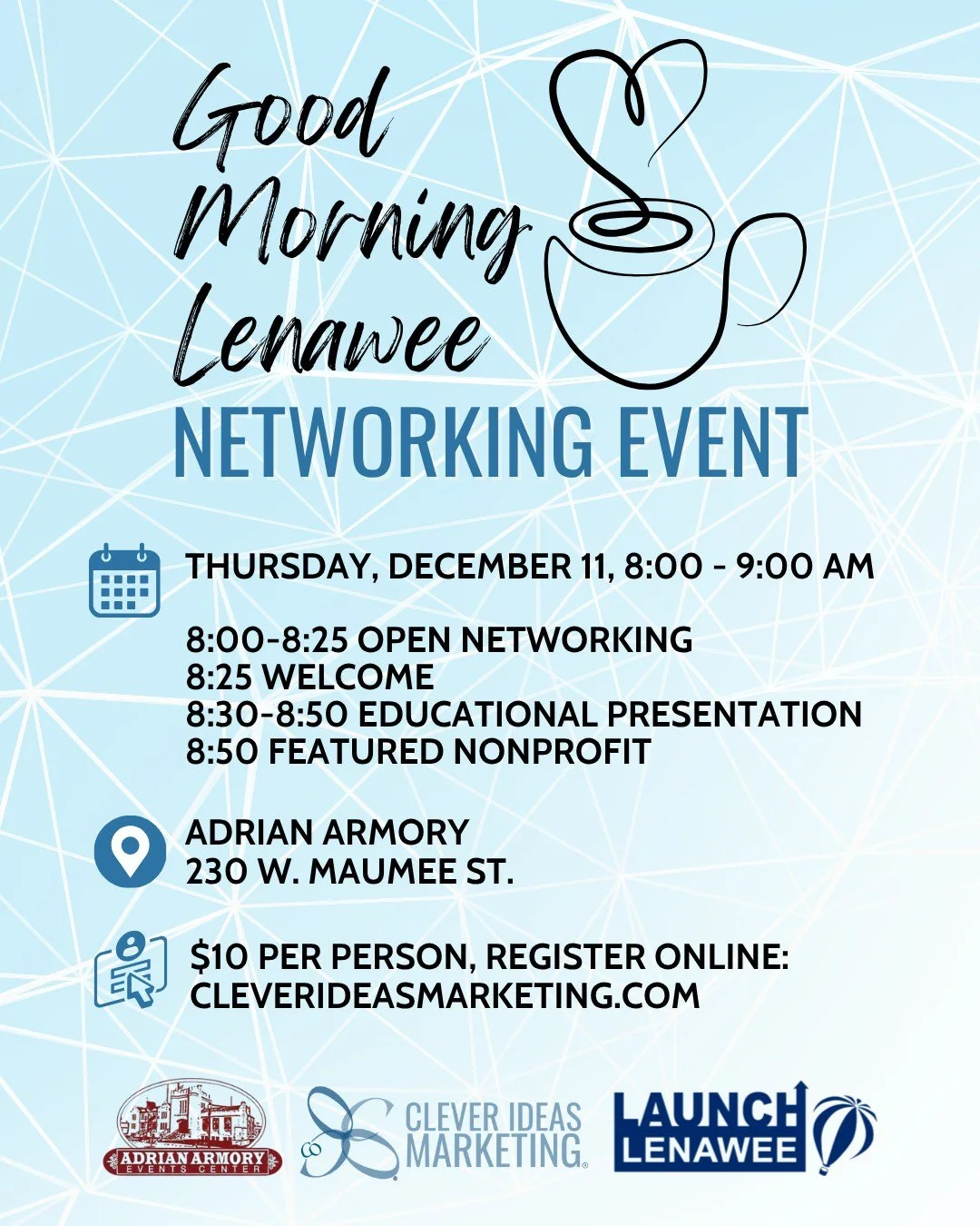 More than networking, this event includes giving back and learning something new!

Join us for Good Morning Lenawee at the Adrian Armory on Thursday, December 11. 

We're collecting winter hats, gloves, or Christmas candy for the participants of @goo
