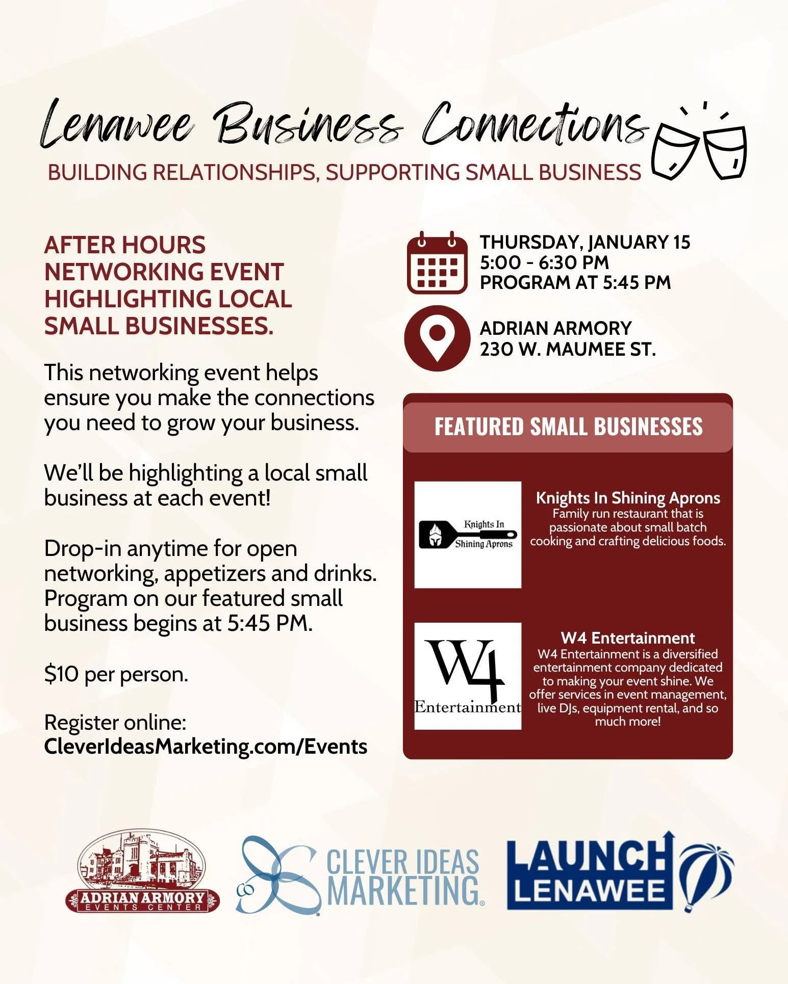 Start the new year building relationships and learning more about local small businesses 🎉

Join us for Lenawee Business Connections on January 15, 5:00-6:30 PM, at the Adrian Armory.

Featured small businesses @knightsinshiningaprons and @w4enterta