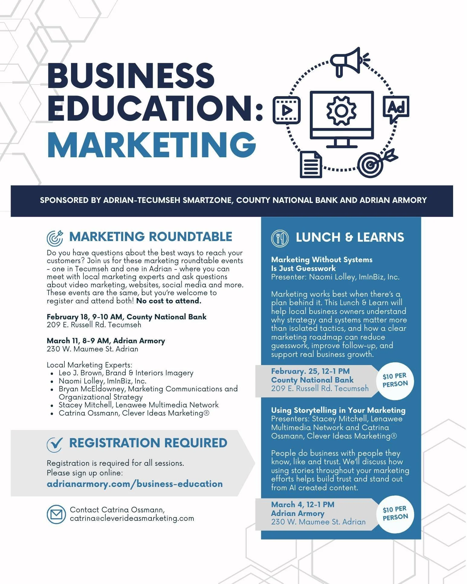 Are you trying to do marketing on your own? 

Join us for this series of marketing classes in February and March!

Marketing Roundtable, Feb. 18 at @county_national_bank in Tecumseh

Lunch &amp; Learn: Marketing Without Systems is just Guesswork, Feb