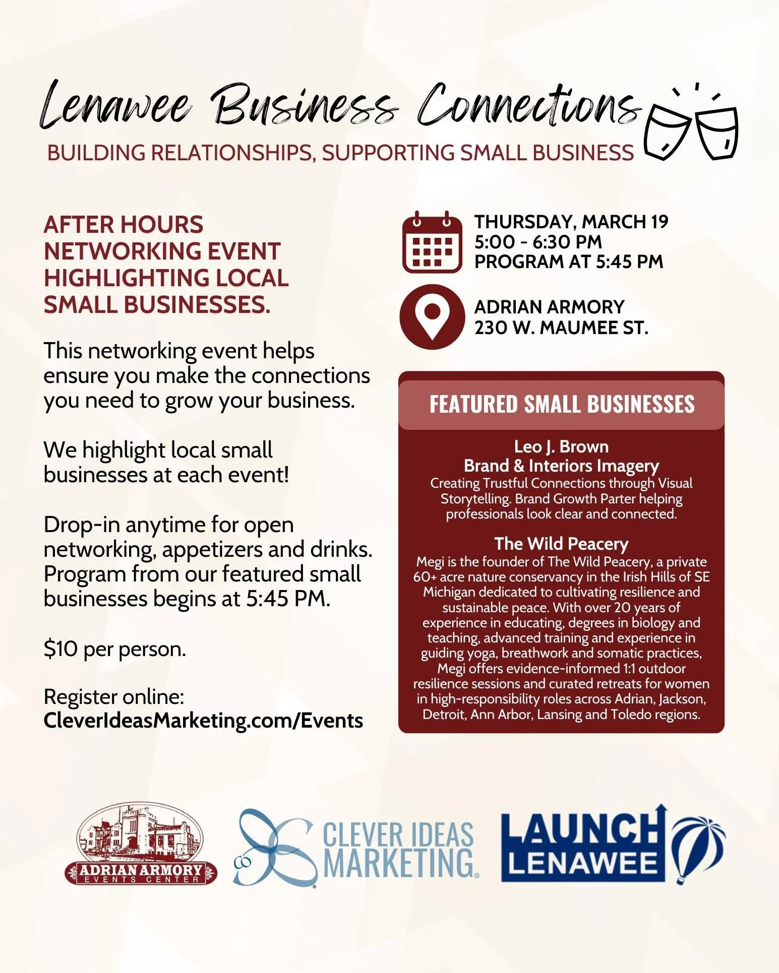 Want to learn more about local small businesses and meet new people?

Lenawee Business Connections is coming up in a few weeks. 

The event includes networking, appetizers and drinks, and a short program from our featured small businesses @leojportra