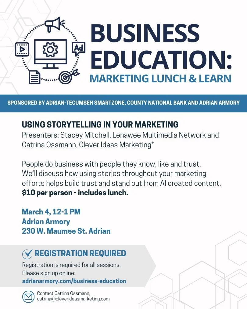 People do business with people they know, like and trust. 

Join us Wednesday at the Adrian Armory to learn how using stories throughout your marketing efforts helps build trust and stand out.

Registration closes Sunday!

#Storytelling #LunchAndLear