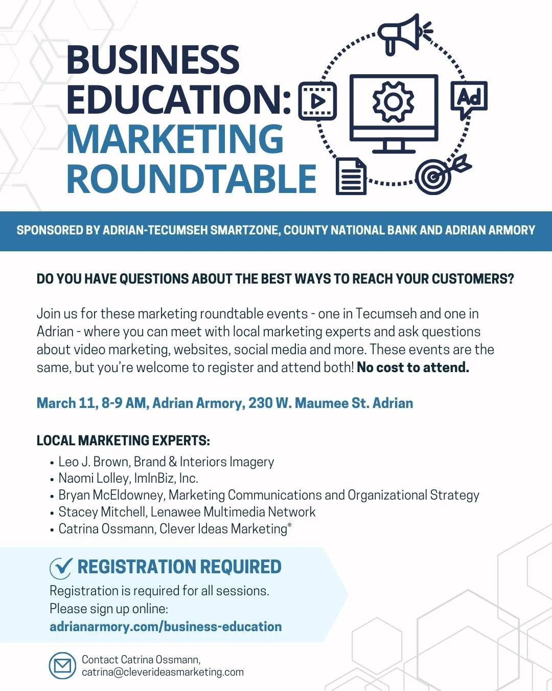 Do you have questions about marketing your business? Join us on Wednesday, March 11, 8am at the Adrian Armory for the Marketing Roundtable.

I will be joined by... 

Leo J. Brown @leojportraits 
Naomi Lolley
Bryan McEldowney @bormeats 
Stacey Mitchel