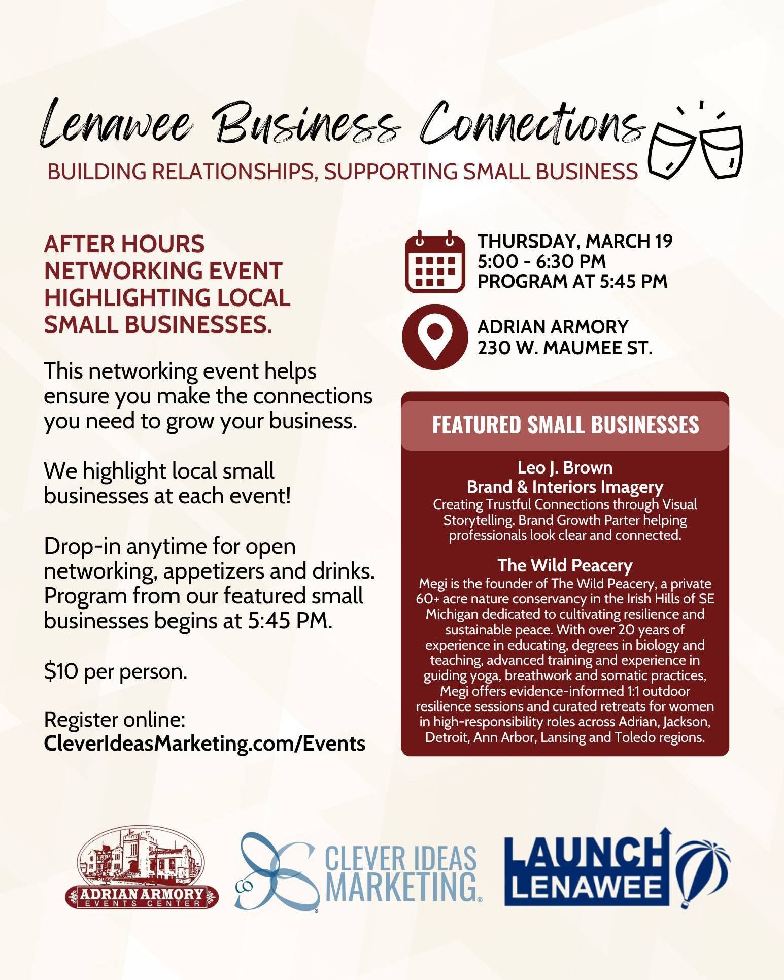 Build relationships and support local small businesses at Lenawee Business Connections on March 19 at the @adrianarmory!