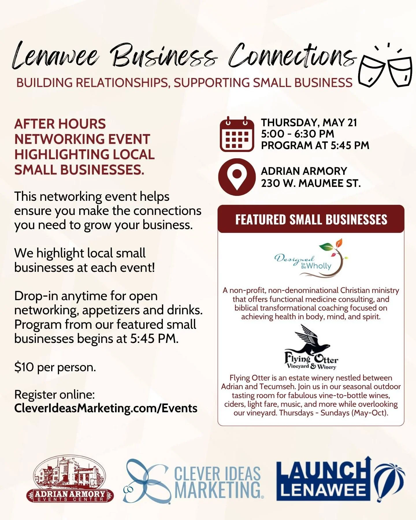 Build relationships and support local small businesses!

Join us at the Adrian Armory for this networking event on May 21 with featured businesses: @designed_to_be_wholly and @flyingotterwinery.

#NetworkingEvent #BusinessOwners #Networking #AdrianMI