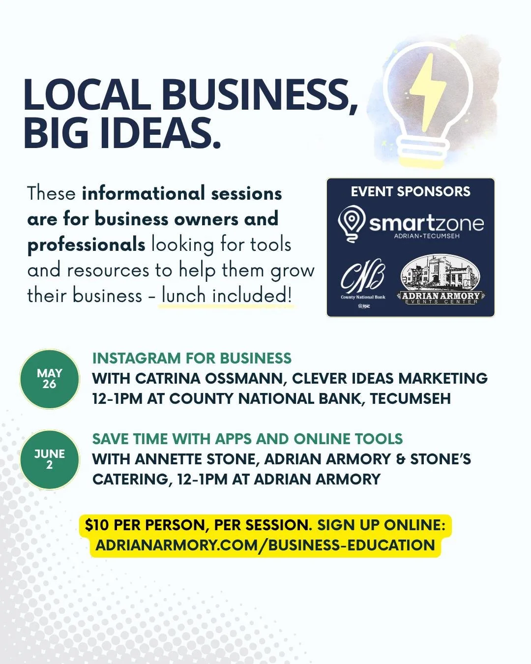 Join us to learn something new - and lunch provided by Annette Stone!

#BusinessOwners #MyTecumseh #AdrianMI #LenaweeCounty #LunchAndLearn
