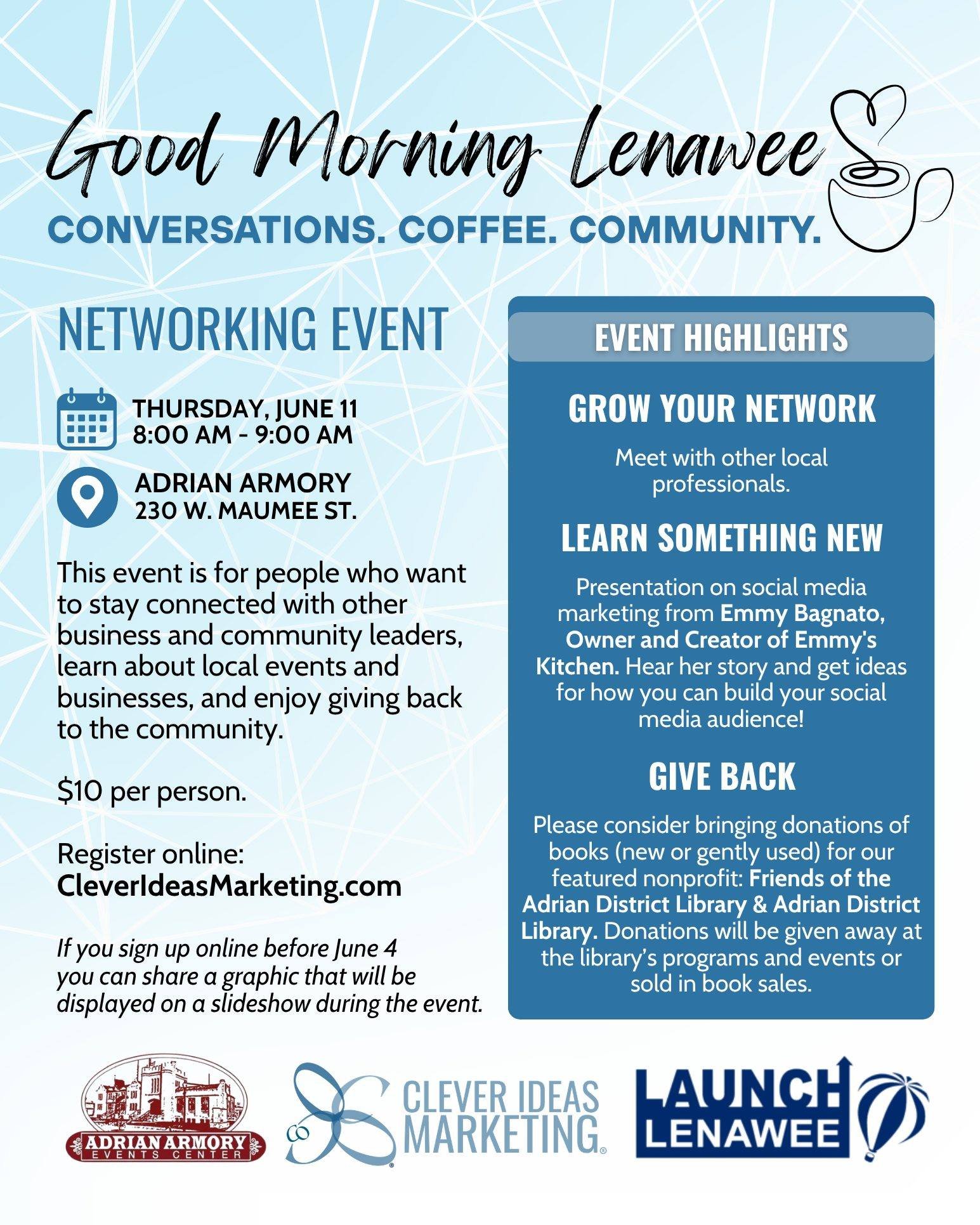 I'm hosting a networking event at the Adrian Armory on June 11. 

We'll hear a presentation on social media marketing from Emmy Bagnato, @emmys_kitchen_mi, and we're collecting books (new or gently used) for Friends of the @adriandistrictlibrary. 

P