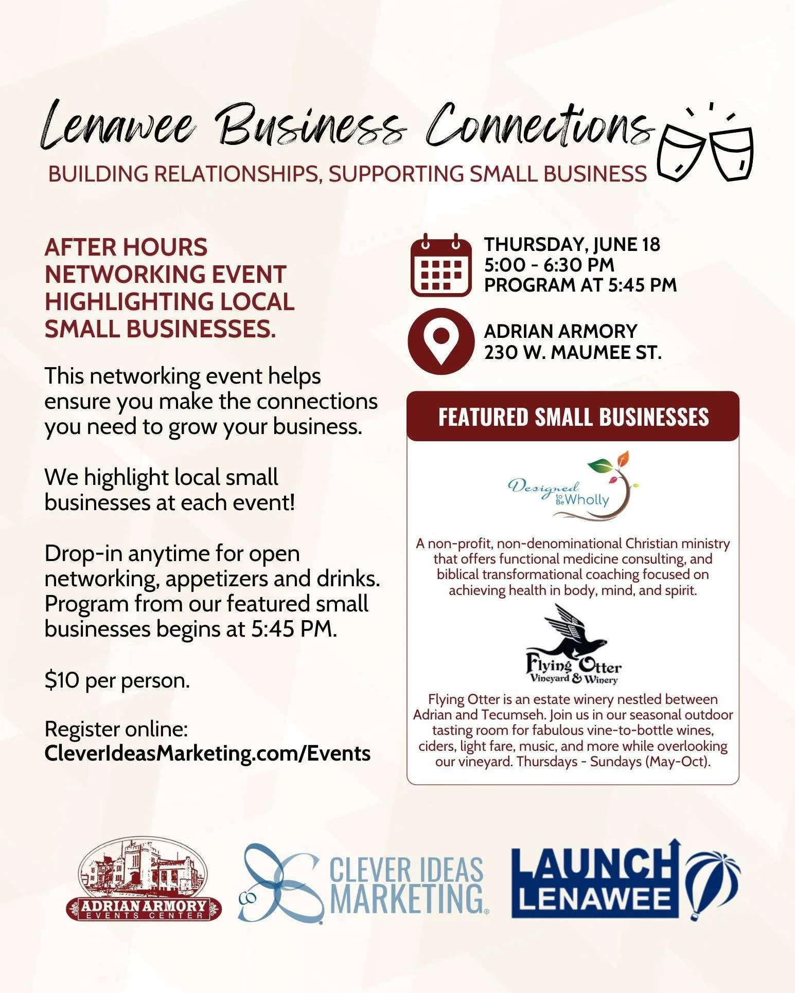 Build relationships and learn more about local small businesses! Register today.

#NetworkingEvent #BusinessOwners #SmallBusiness #AdrianMI #LenaweeCounty