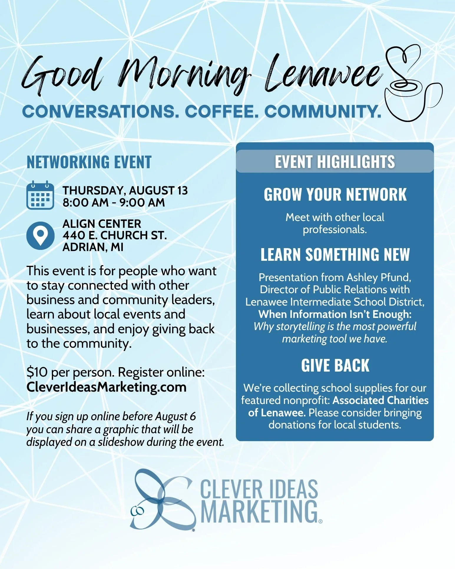Network with other local professionals, learn something new and give back! 

Join us for Good Morning Lenawee at the @alignworkforcedevelopment on August 13.

#NetworkingEvent #BusinessNetworking #BusinessOwners #SmallBusiness #AdrianMI