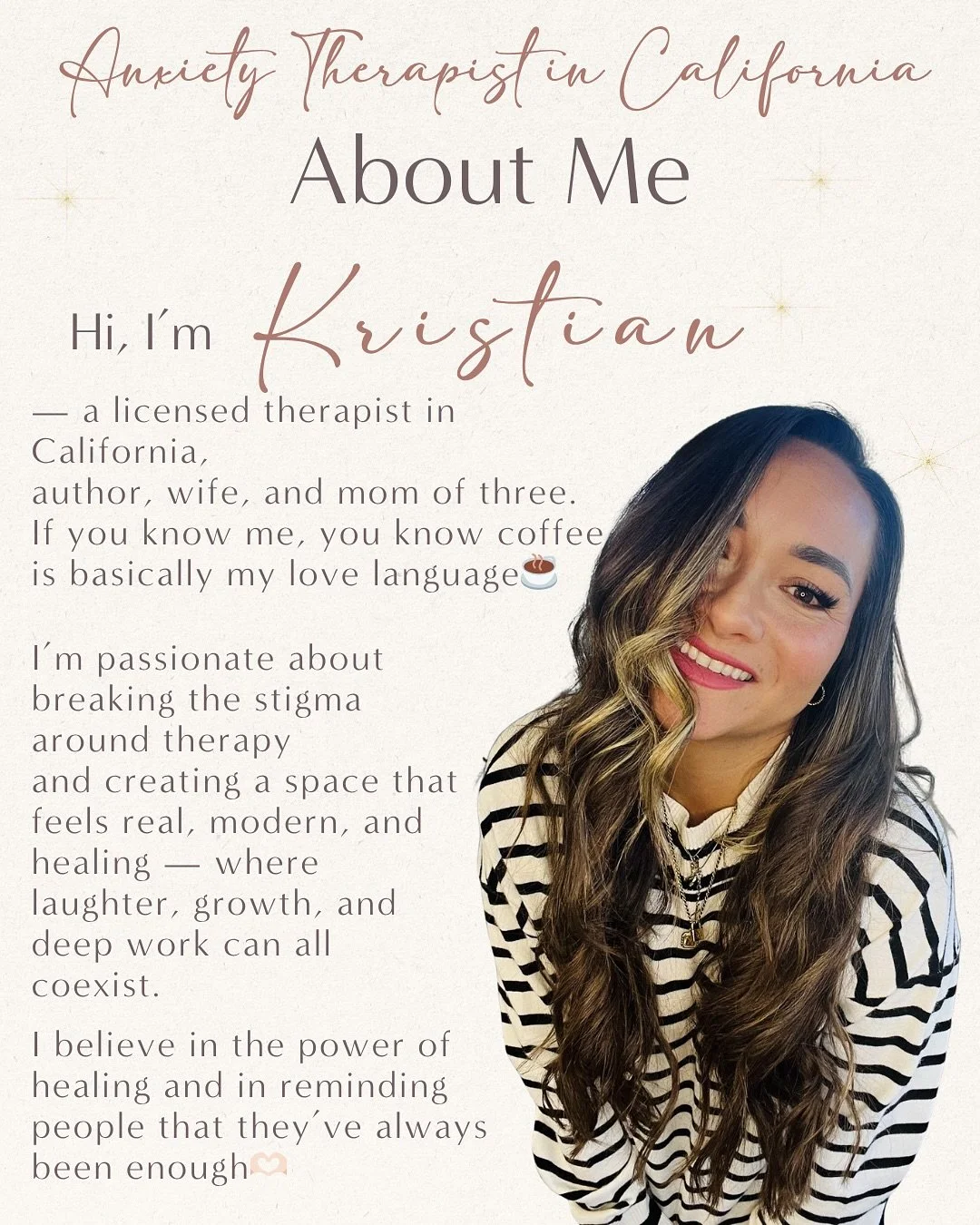 Hi, I’m Kristian 👋 I’m a licensed therapist in California who believes therapy should feel modern, relatable, and real. I help people who struggle with anxiety, self-doubt, and overthinking find peace, confidence, and control again.
In