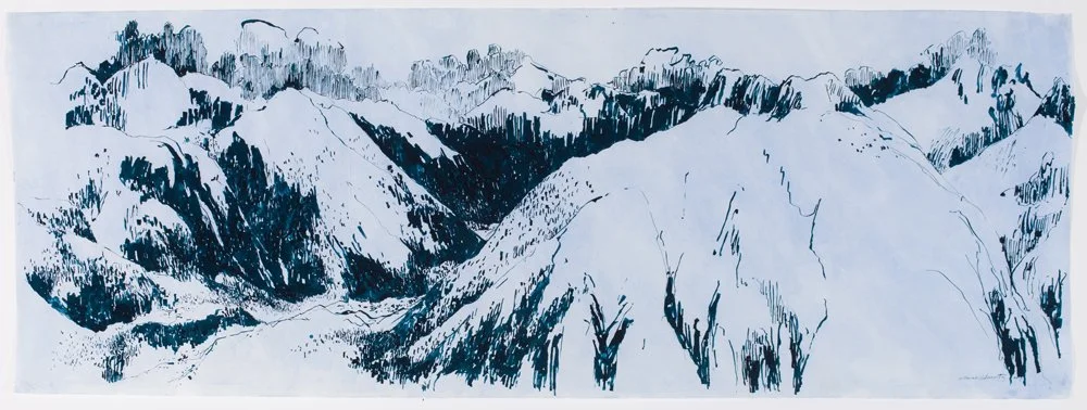 Eggishorn  ink on dyed Japanese mulberry paper, 38 x 104", 2017