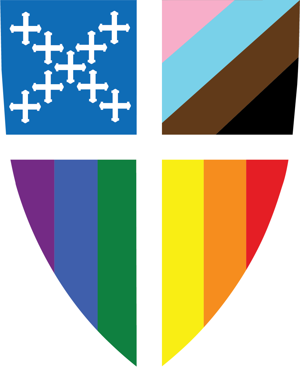 A shield divided into four sections with different colors and symbols: Top left has white crosses on a blue background; top right has diagonal stripes in pink, light blue, brown, and black; bottom left has vertical rainbow stripes in purple, blue, and green; bottom right has vertical rainbow stripes in yellow, orange, and red.