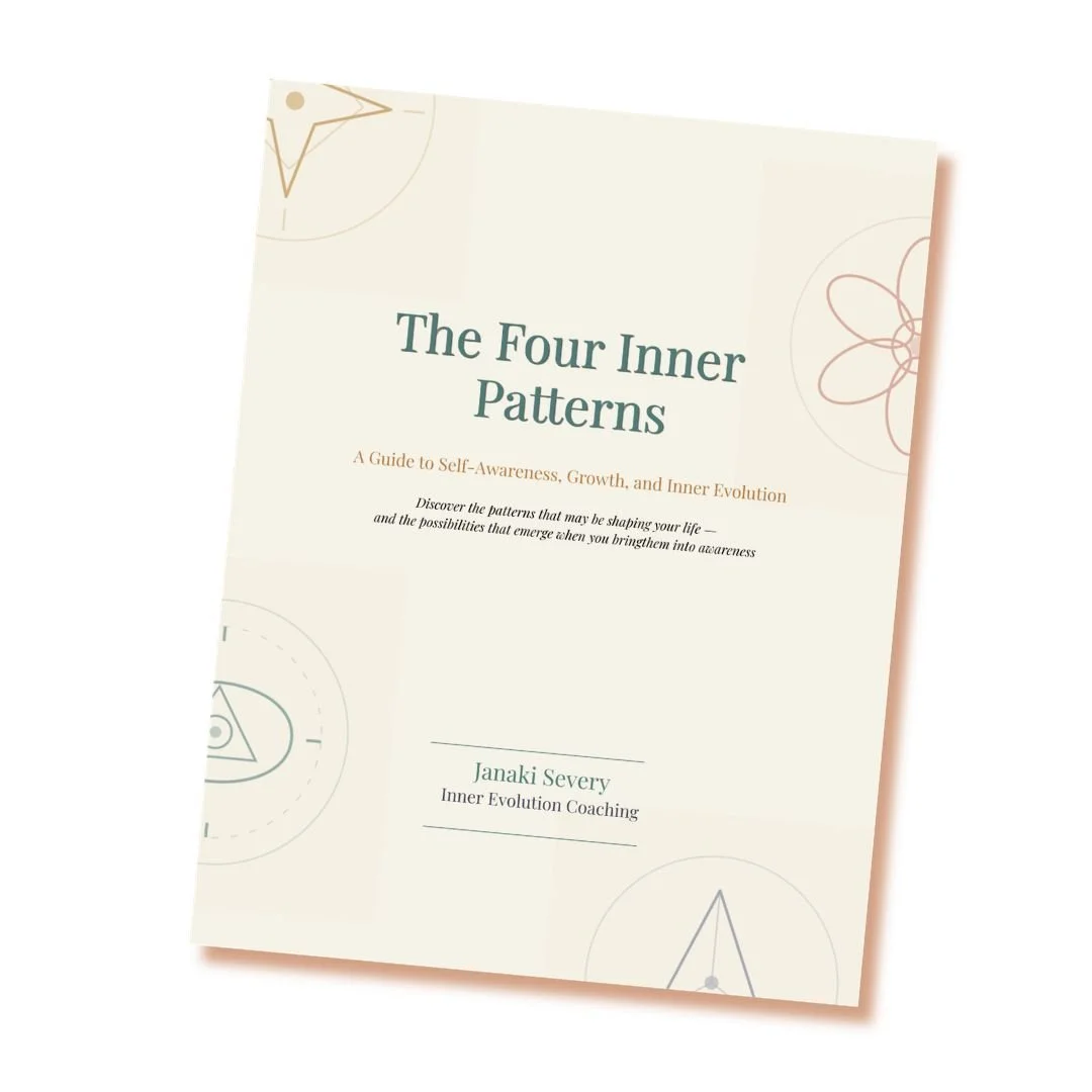 Cover of a book titled "The Four Inner Patterns" by Janaki Severy, Inner Evolution Coaching, with a light background and subtle decorative designs.