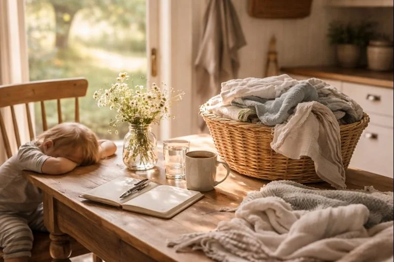 Child sleeping at a kitchen table with laundry, a mug, glass of water, and a notebook with pen, near a window with sunlight and a vase of flowers.