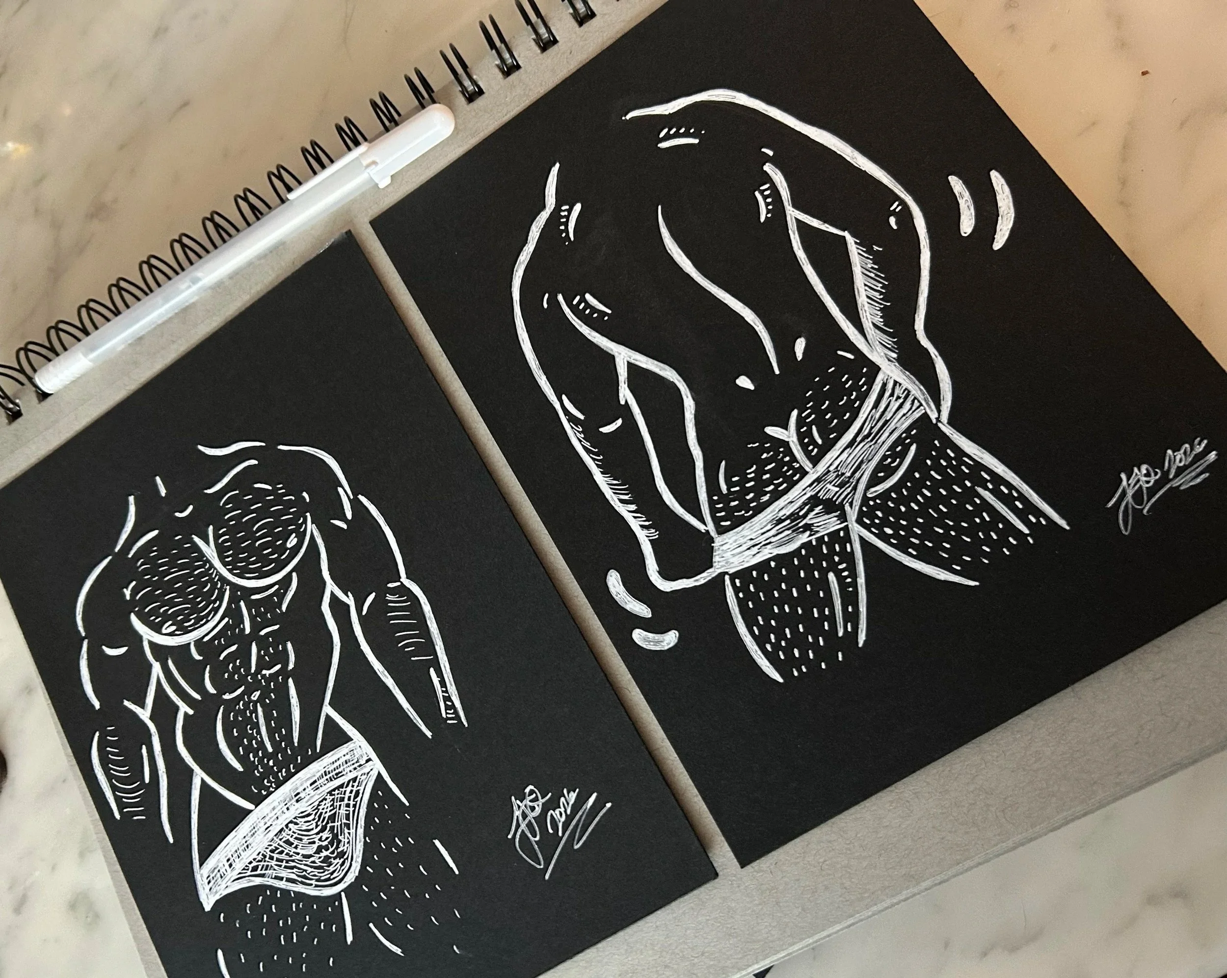 Untitled- White Ink, Black Paper Sketches - 6"X8" - Framed $125 Each $200 Pair