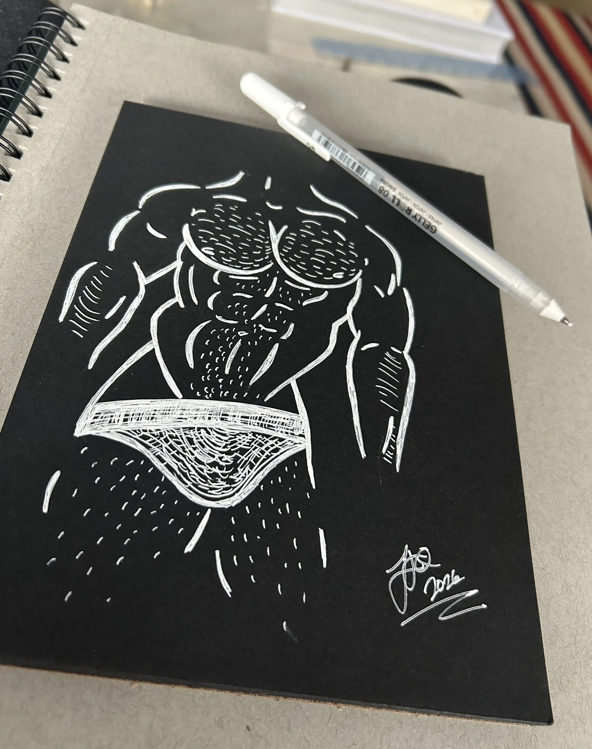 Untitled- White Ink, Black Paper Sketches - 6"X8" - Framed $125 Each $200 Pair